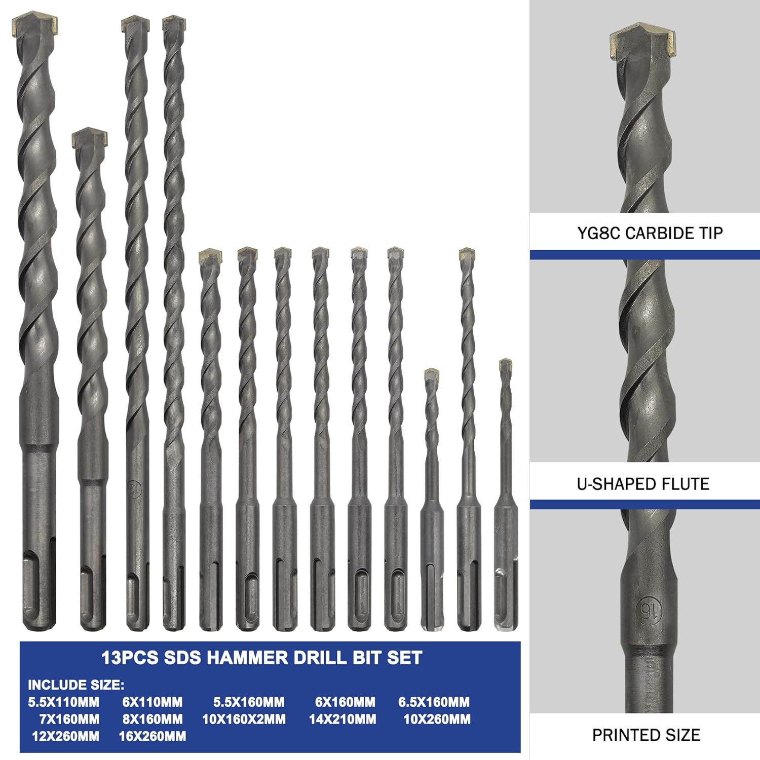 Juego de 17 brocas y cinceles de martillo giratorio, SDS Plus con punta de carburo para hormigón, brocas y cinceles, juego de brocas y cinceles para