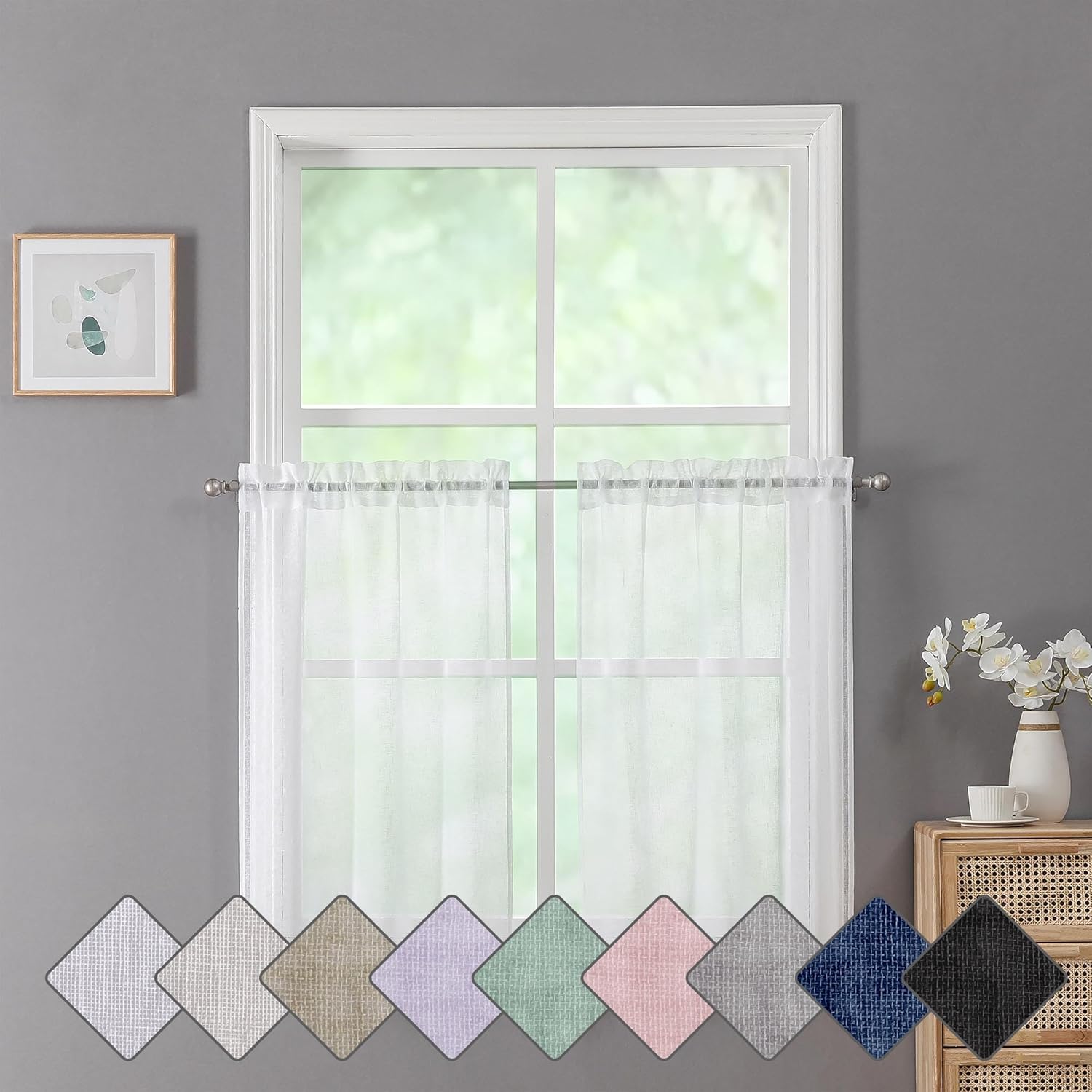 Chyhomenyc Dianna – Cortinas traslúcidas blancas de cocina de 36 pulgadas de largo, cortinas de arpillera con textura de lino sintético, cortinas