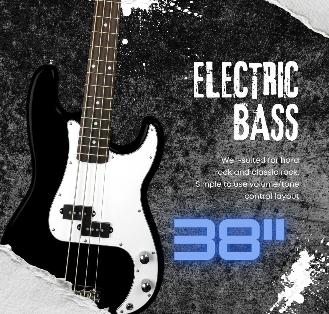 Raptor 34 Tamaño 38 pulgadas Niños 4 Cuerdas Electric P Bass Negro. Paquete completo con amplificador de 5 W, bolsa, correa, cable, púas