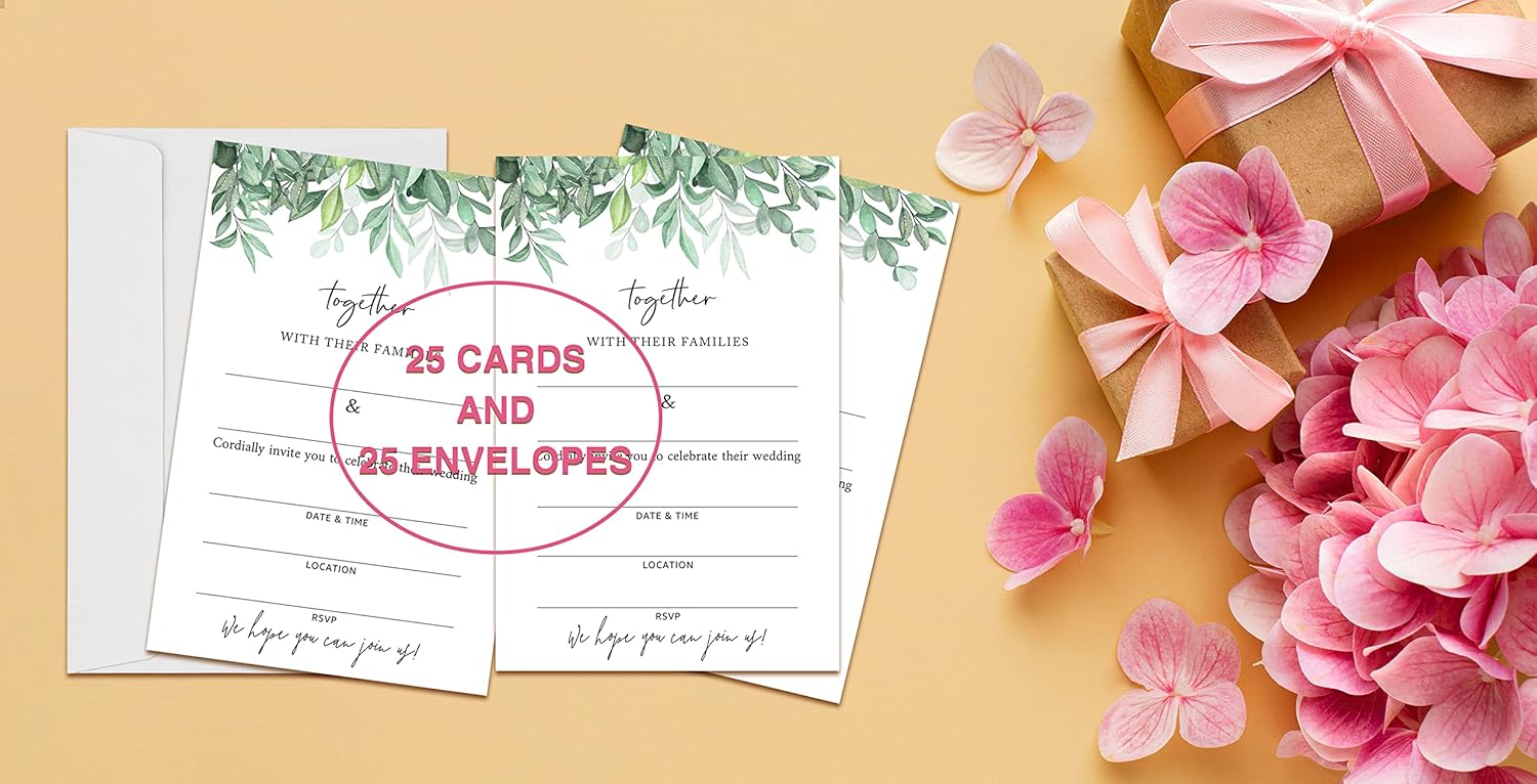 Greenery HL-006 YQK – Tarjetas de invitación para boda – 25 tarjetas y 25 sobres – HL-006 YQK