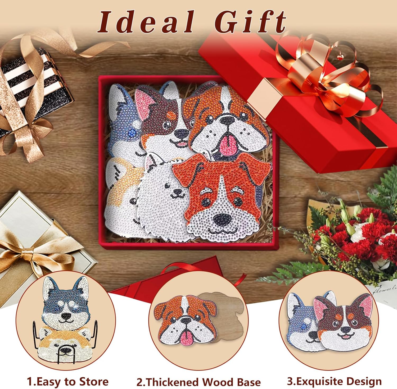 8 posavasos de pintura de diamante en forma de perro para bebidas, kits de pintura de diamantes para perros de mascotas con soporte, posavasos de