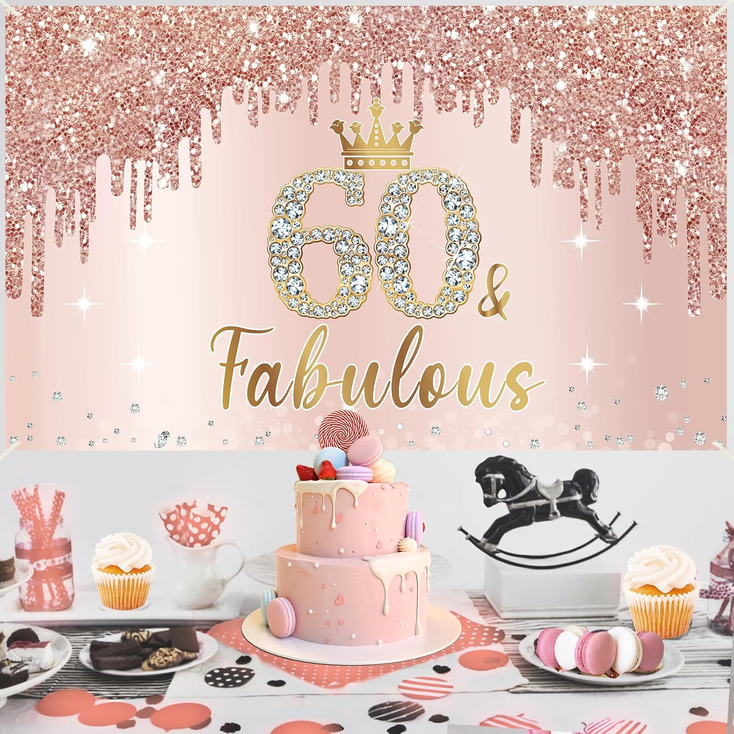 Cartel de 60 cumpleaños de oro rosa para mujer, decoración de fiesta de cumpleaños de 60 años para mujer, pancarta de oro rosa rosa de 60 y fabuloso