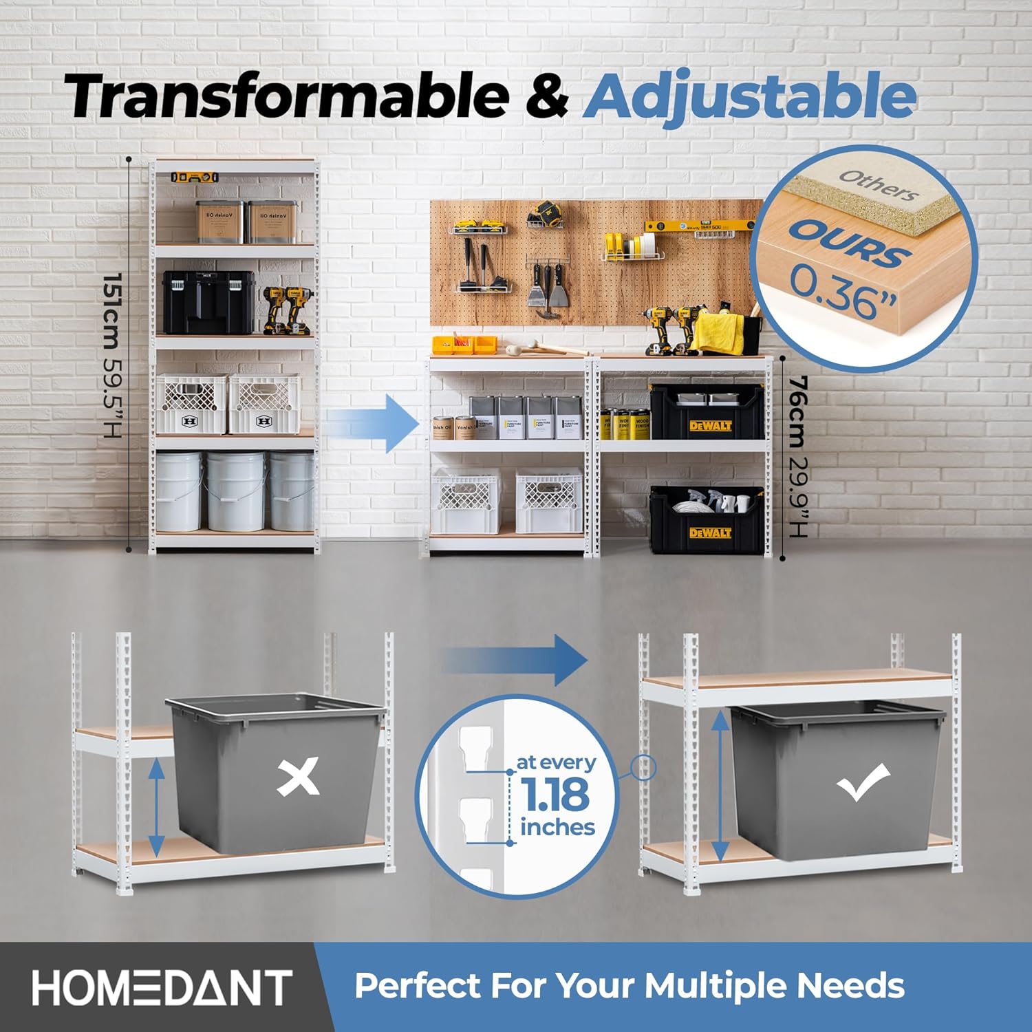 HOMEDANT Estantería de metal laminado de 5 niveles ajustable, estante de almacenamiento de garaje, estantes resistentes, estantes multiusos,