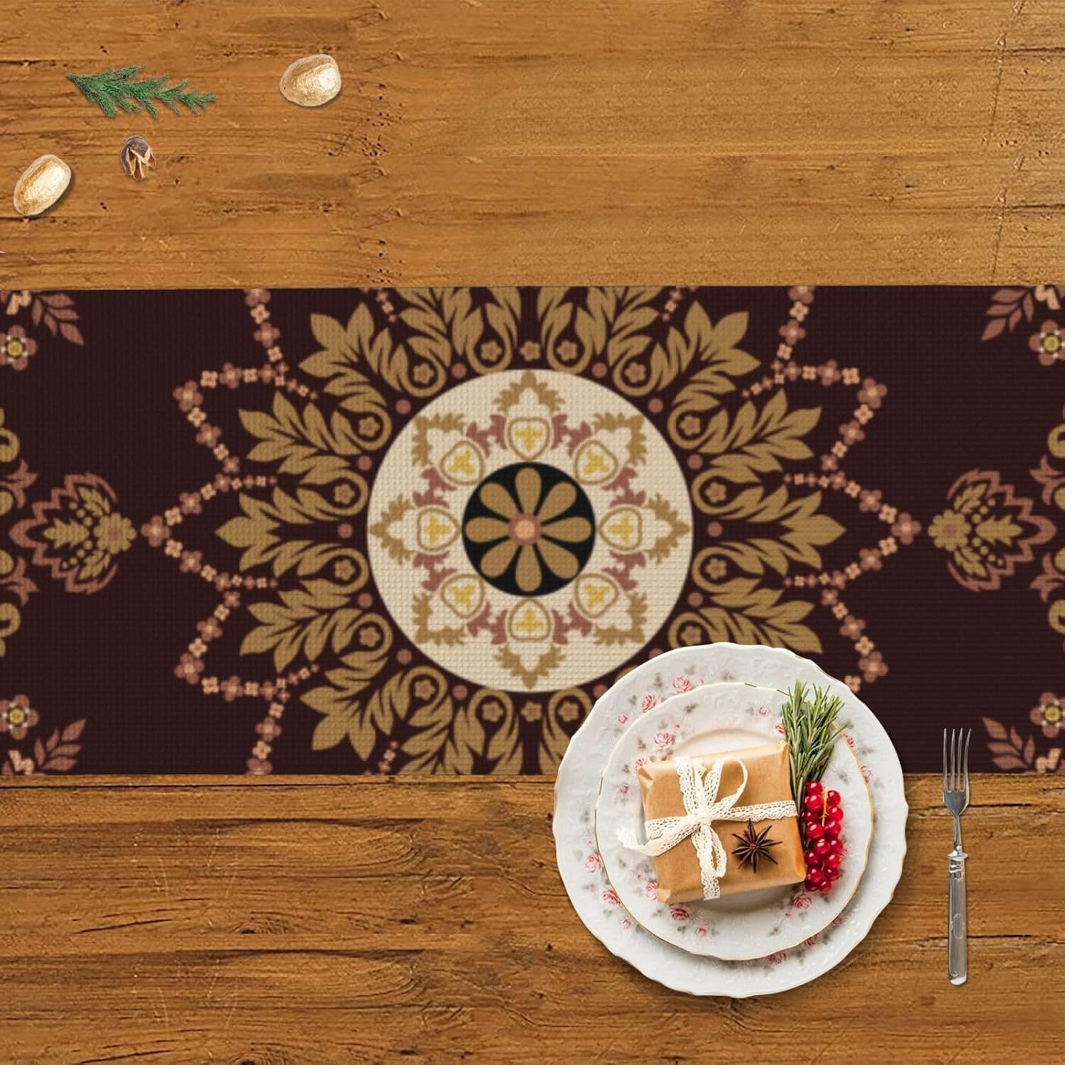 Camino de mesa de Navidad con mandala retro, decoración de mesa de comedor, decoración de Navidad, decoración de interiores del hogar, caminos de