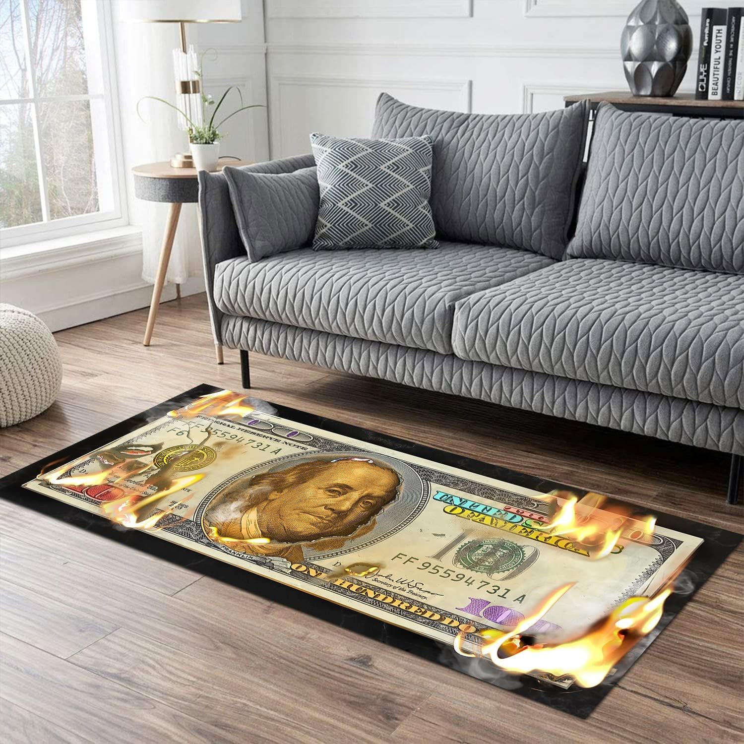 Burning Money – Alfombra decorativa de billetes de 100 dólares, alfombra decorativa creativa para cuarto de servicio, alfombras decorativas para