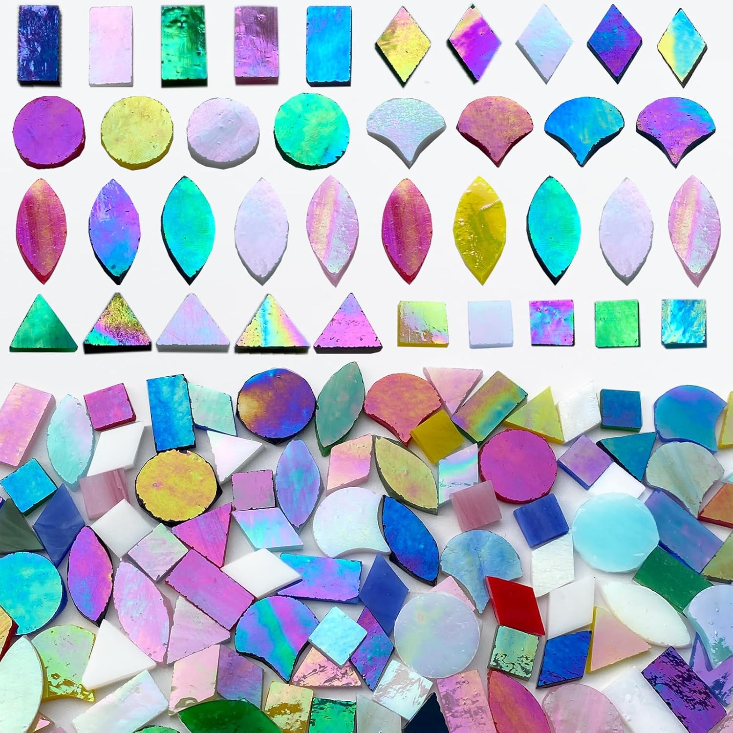 Azulejos de mosaico de vidrio iridiscente de 7 formas para manualidades, piezas de vidrio de mosaico de 9.88 oz para decoración del hogar,