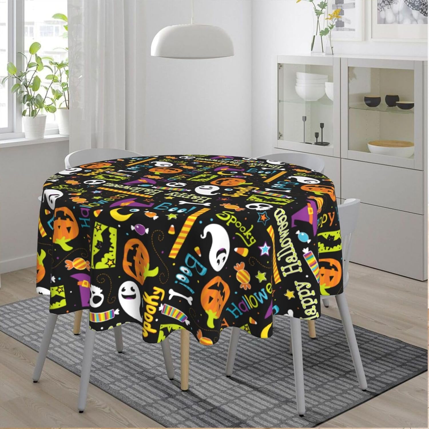 Mantel redondo de calaveras de Halloween, diseño de calabaza, murciélago, caramelo, maíz, impermeable, lavable, para el hogar, restaurante, cocina,