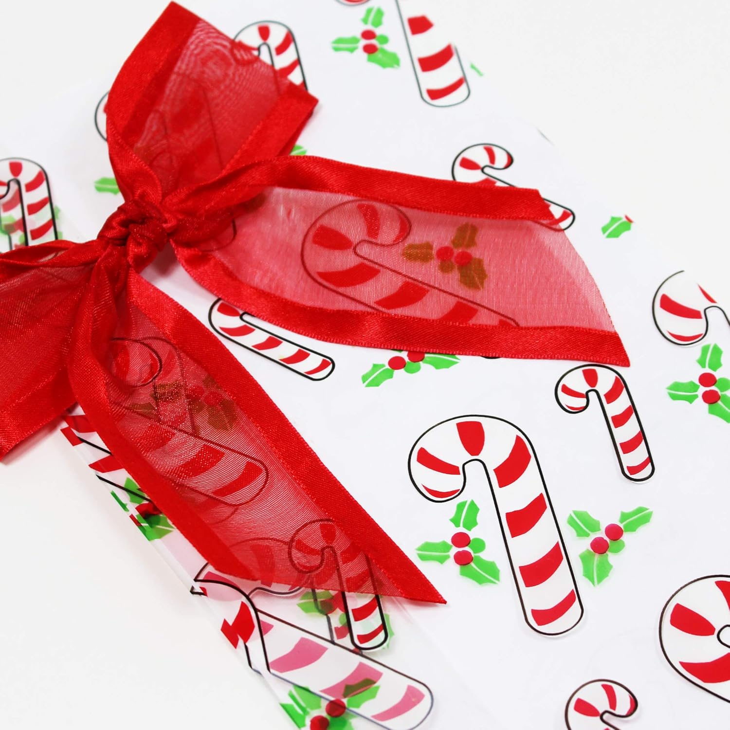 Saybrook Products Candy Canes Christmas Holiday Cellophane Treat Party Favor Bags with Twist-Tie Organza Bow. Set of 10 Ready-to-Use, Gussetted