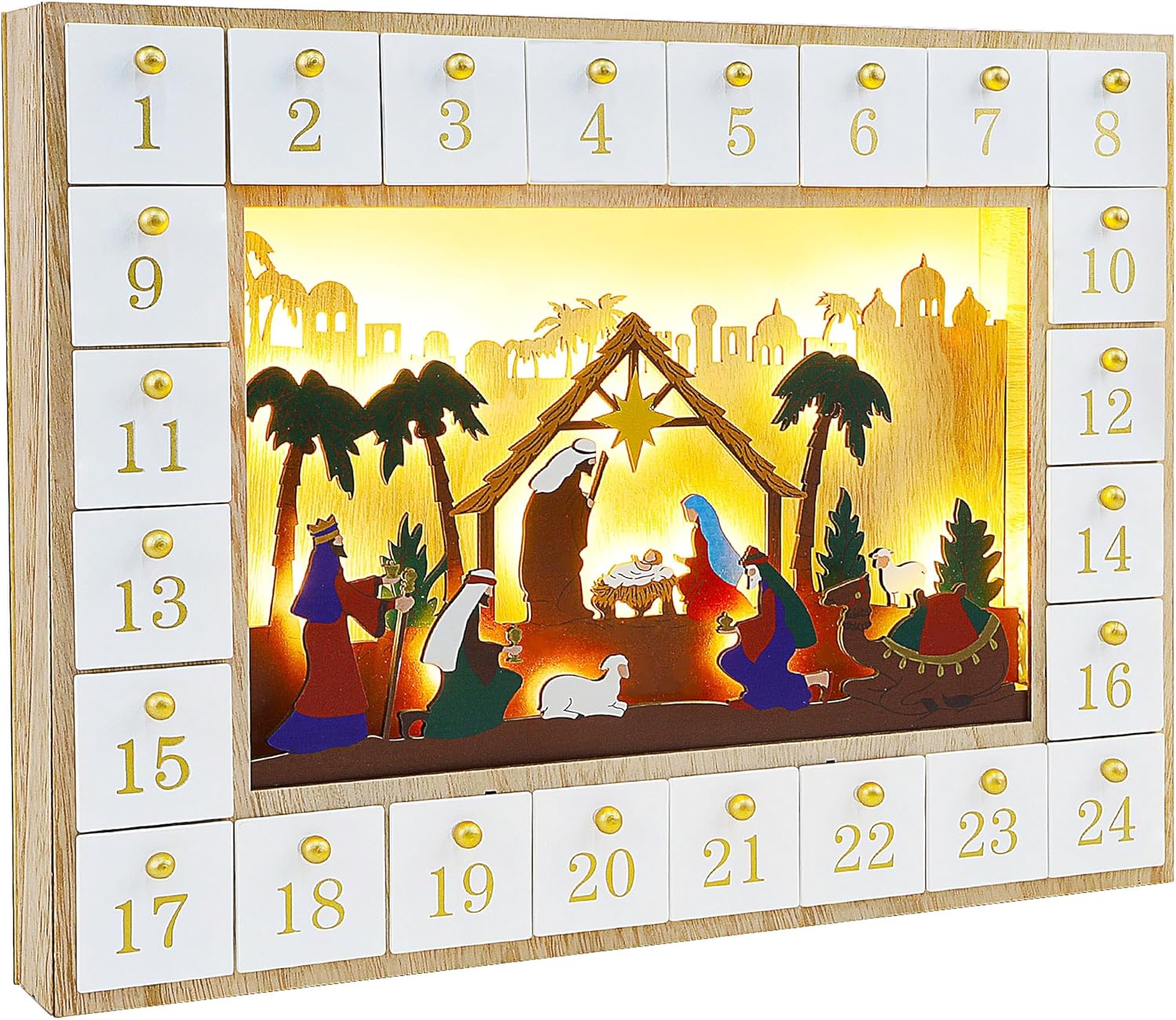 Lulu Home Calendario de Adviento de Navidad, 2023 caja de Adviento con iluminación de belén con cajones, cuenta regresiva de 24 días para Navidad,