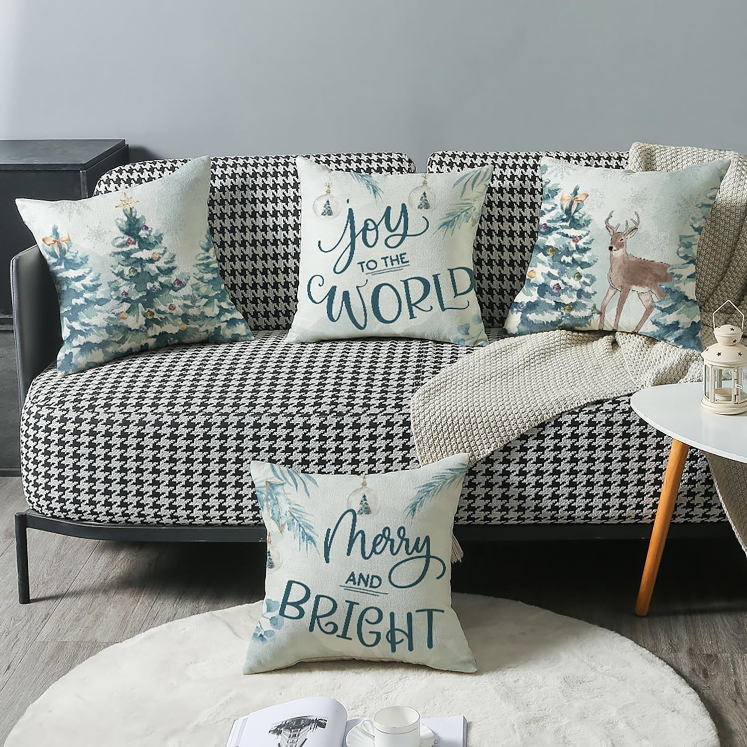 Juego de 4 fundas de almohada de Navidad de 18 x 18 pulgadas, decoración de Navidad, árbol de Navidad, renos, fundas de cojín de casa de campo para
