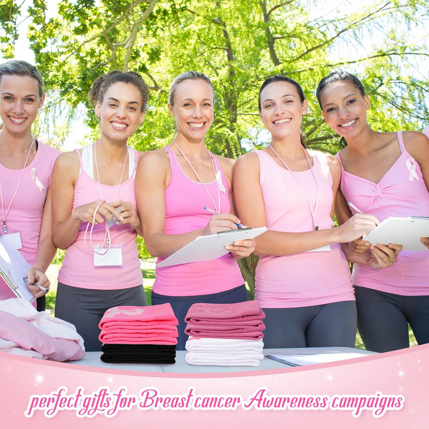 Hercicy 4 pares de mangas deportivas de compresión para niñas y niños, para concientización sobre el cáncer de mama, con cinta rosa