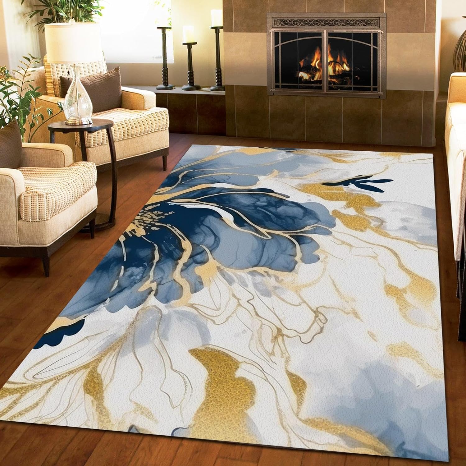 Alfombras ligeras de lujo con diseño floral de hilo dorado, fondo en capas azules y blancas, con cancelación de ruido, lavables, suaves y cómodas