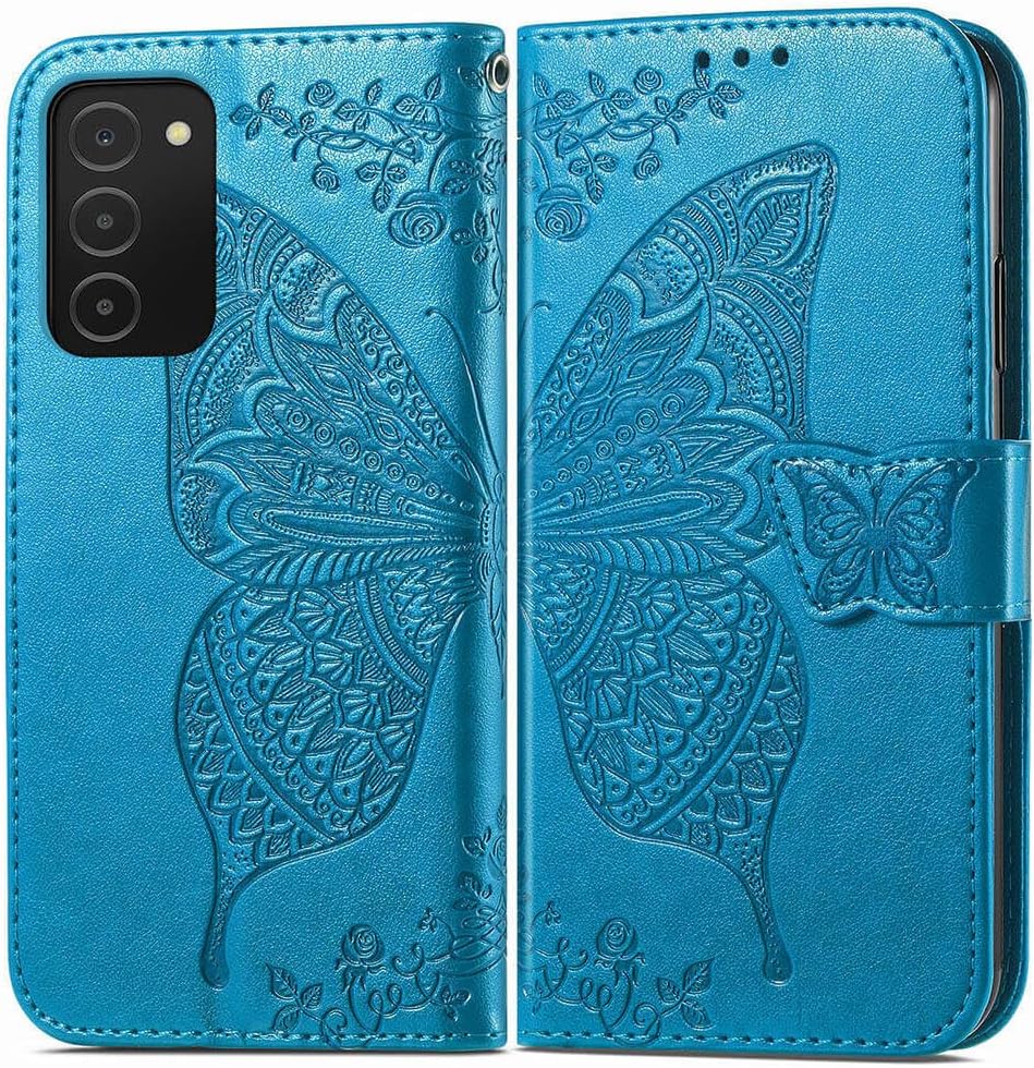 Funda diseñada para Samsung Galaxy A03S, funda de piel sintética en relieve de mariposa con tapa para tarjetas de crédito, soporte con ranuras para