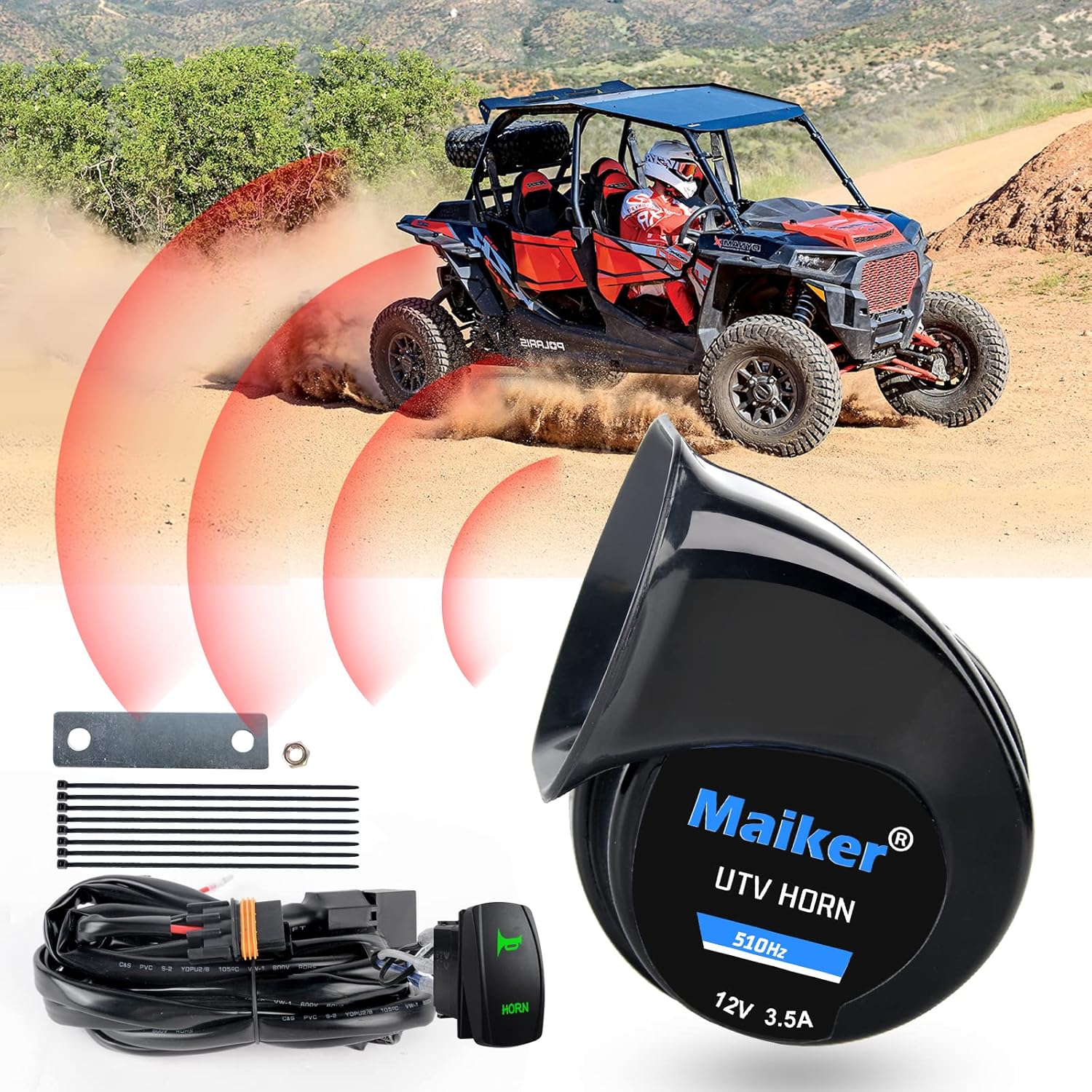 MAIKER Kit de bocina UTV, kit de bocina RZR de fácil instalación con interruptor basculante 12 V 510 Hz para Polaris RZR Ranger, PRO XP, Can Am,