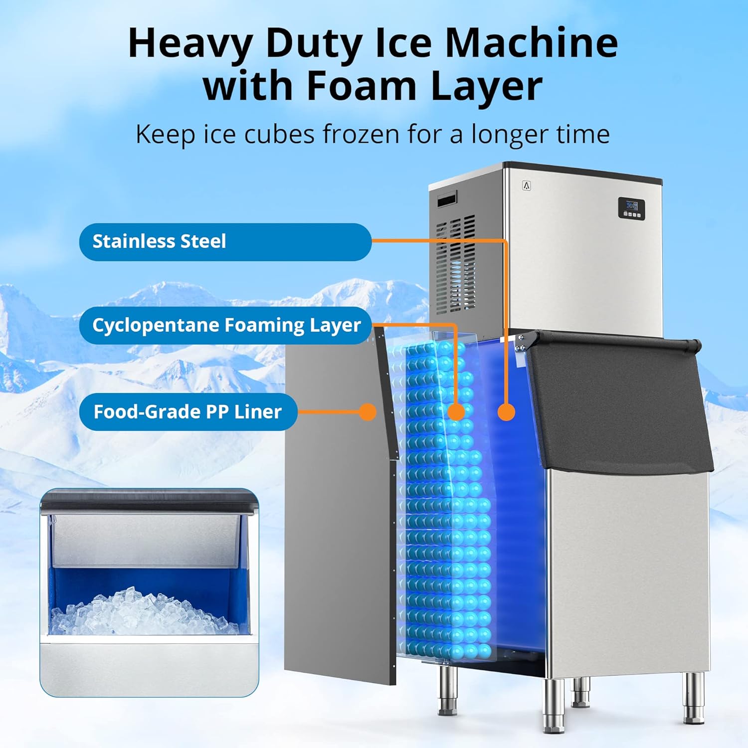 Máquina de hielo comercial de 350 libras24 horas, máquina de hielo industrial de acero inoxidable con contenedor de almacenamiento grande de 220