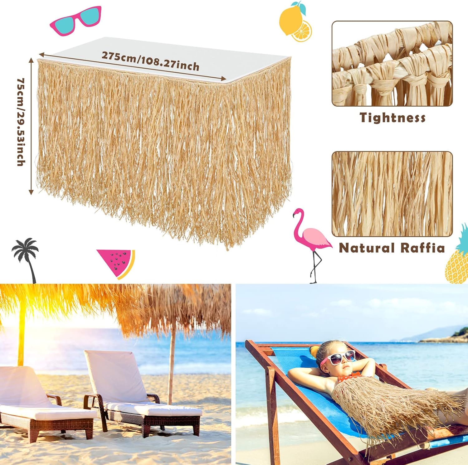 Paquete de 1 falda hawaiana de rafia natural, falda hawaiana Luau, decoración de flecos para fiesta de cumpleaños tropical, barra de Tiki, falda