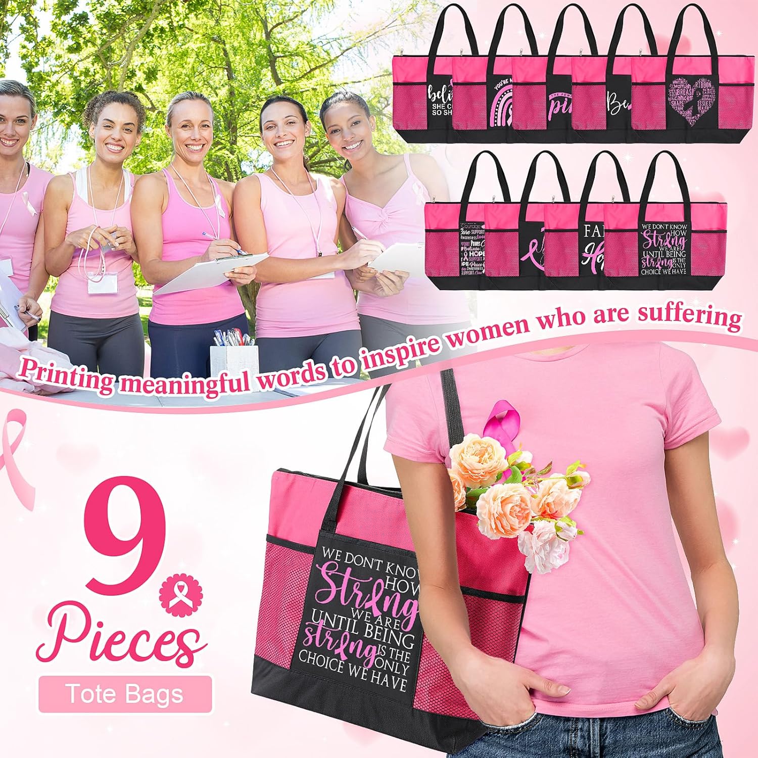 Set de regalo de concientización sobre el cáncer de mama para mujeres, bolsas de mano con letrero de cinta rosa