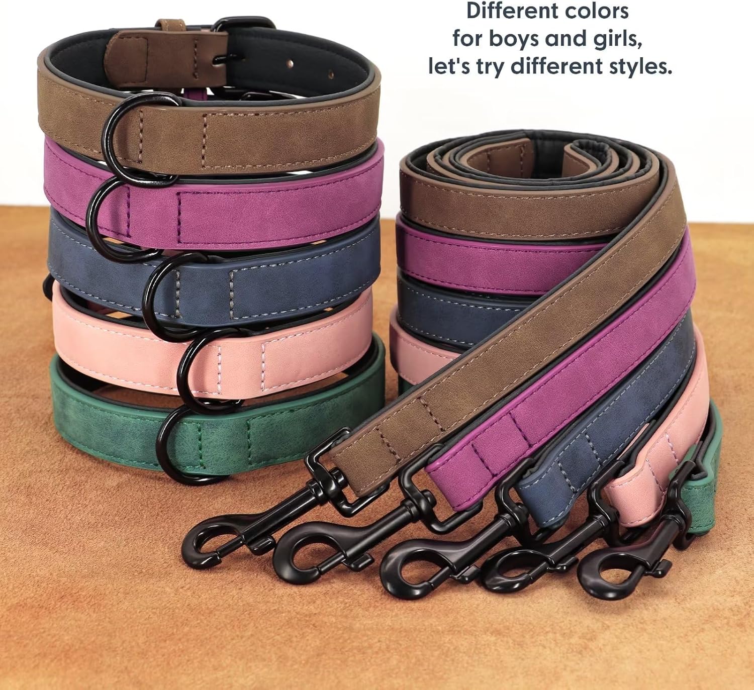 Didog Juego de collar y correa de cuero acolchado suave para perro, correa y collar resistente con hebilla de metal, collares transpirables para