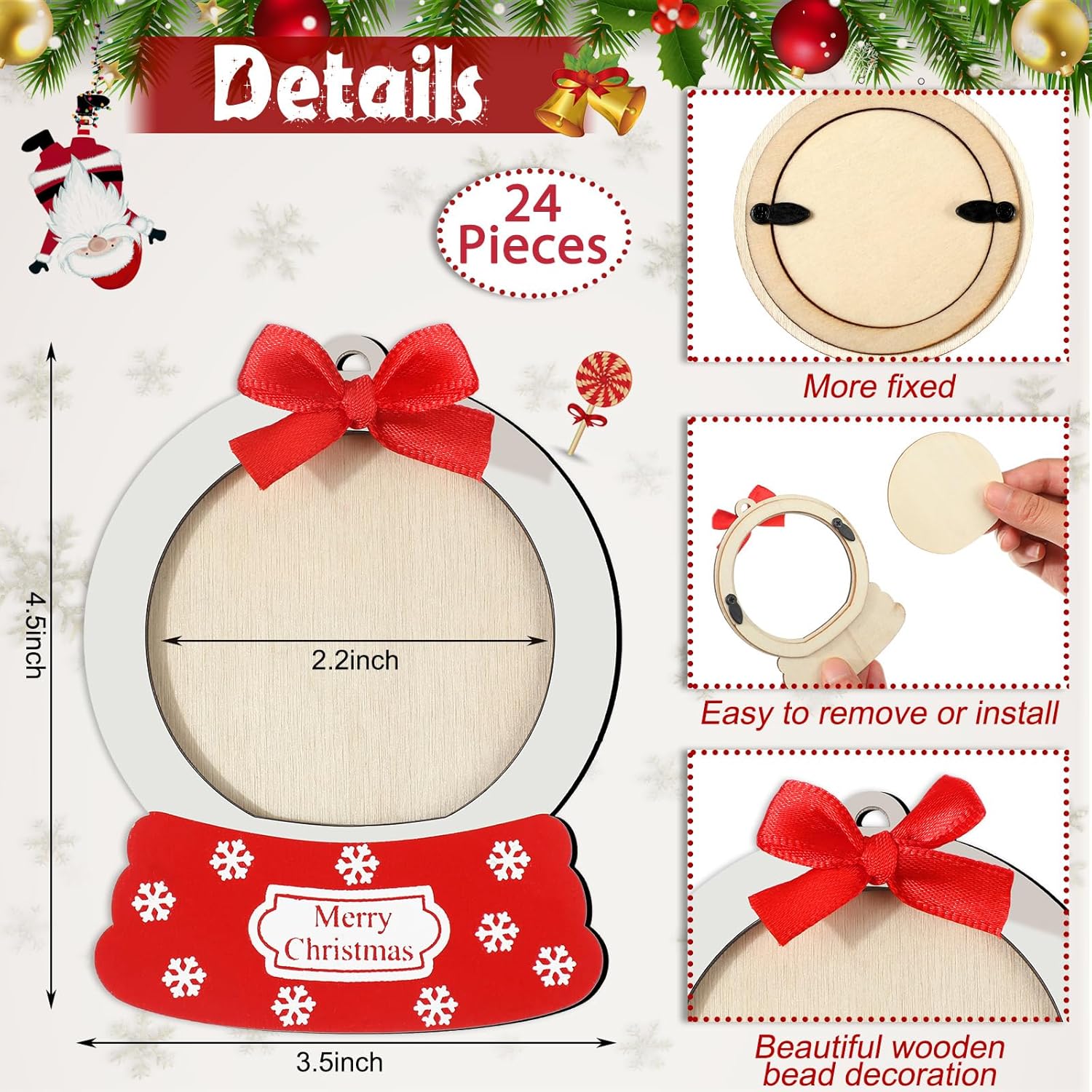 Blulu 24 piezas de adornos de bola de nieve de Navidad a granel, marco de fotos de Navidad, adornos colgantes de Navidad para árbol de Navidad,