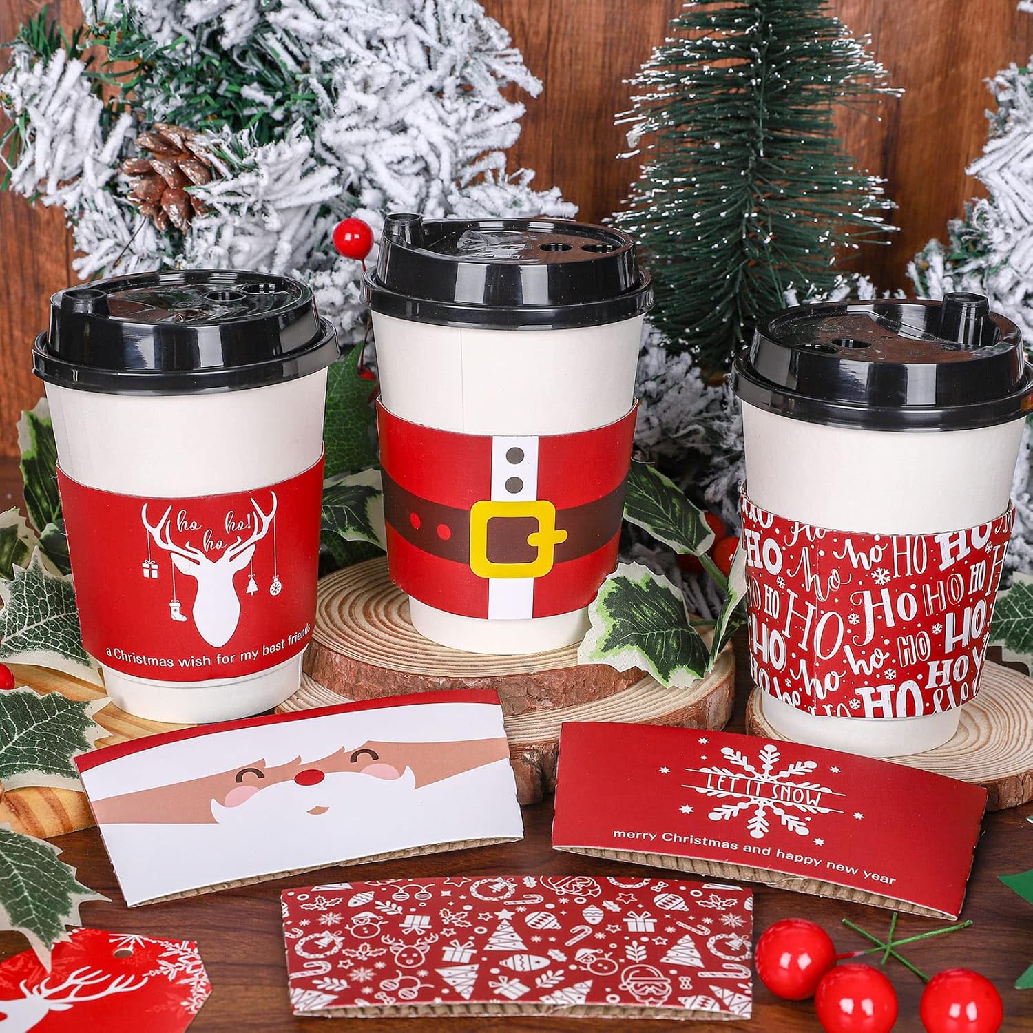 Whaline 60 fundas de papel de Navidad para taza de café, fundas de papel de Navidad rojas para tazas de papel de 12 y 16 onzas, Papá Noel, reno,