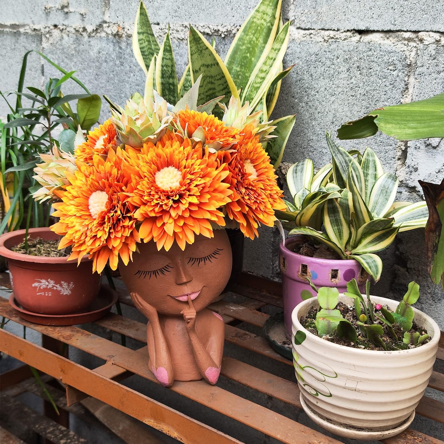 Macetas de cara únicas para plantas de interior y exterior con agujero de drenaje, bonitos ojos de niña cerrados, maceta con cabeza de resina