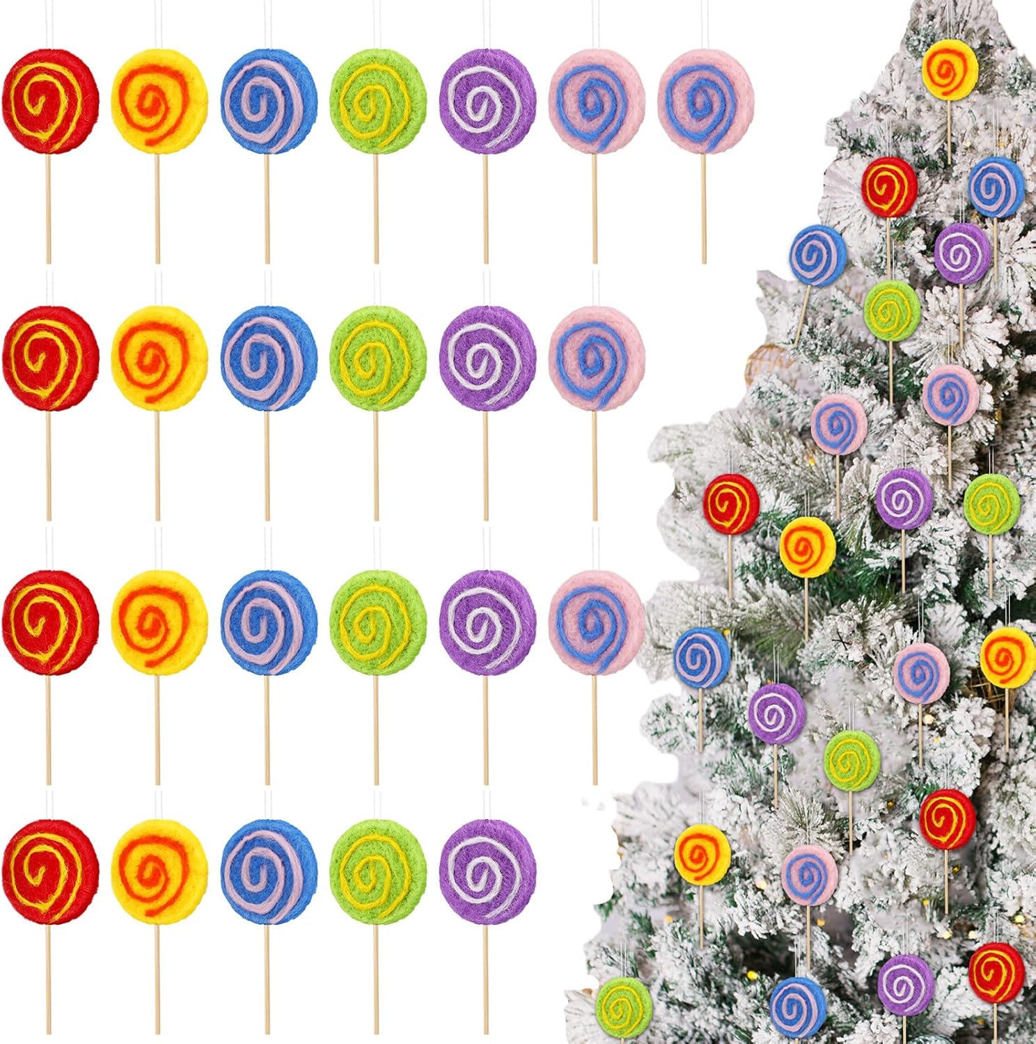 Zeyune 24 adornos de piruleta de Navidad de fieltro de 1.97 x 4.72 pulgadas, cola de sirena, adorno colgante para árbol de Navidad, fiesta,