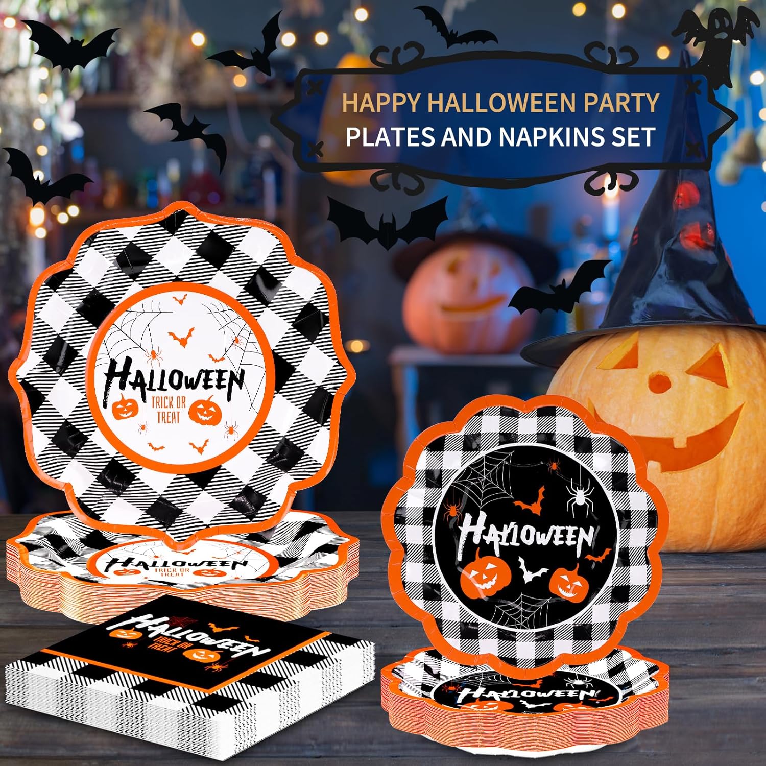 DYLIVeS Juego de platos y servilletas para fiesta de Halloween, 150 piezas de vajilla de calabaza y murciélagos a cuadros de Halloween, suministros