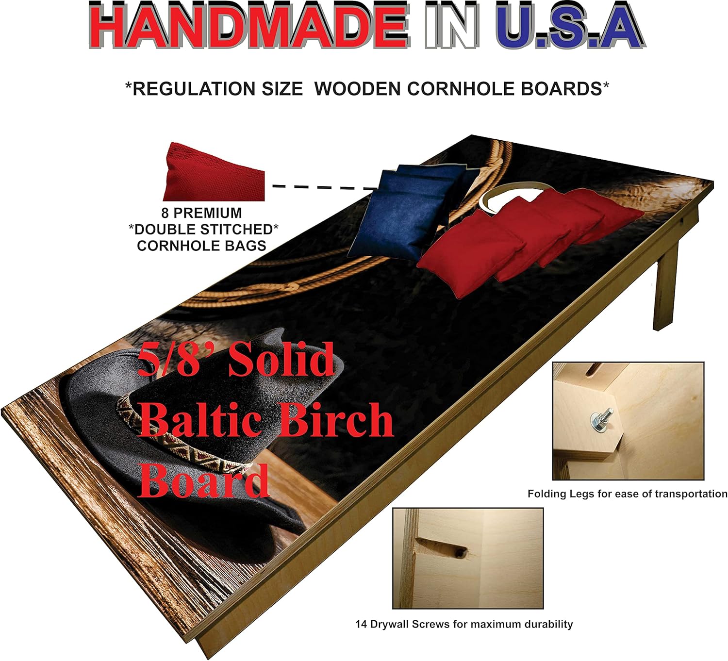 Juego de cornhole de alta calidad, tableros de Cornhole Country Western Cowboy para portón trasero con juego de 8 bolsas de Cornhole 813