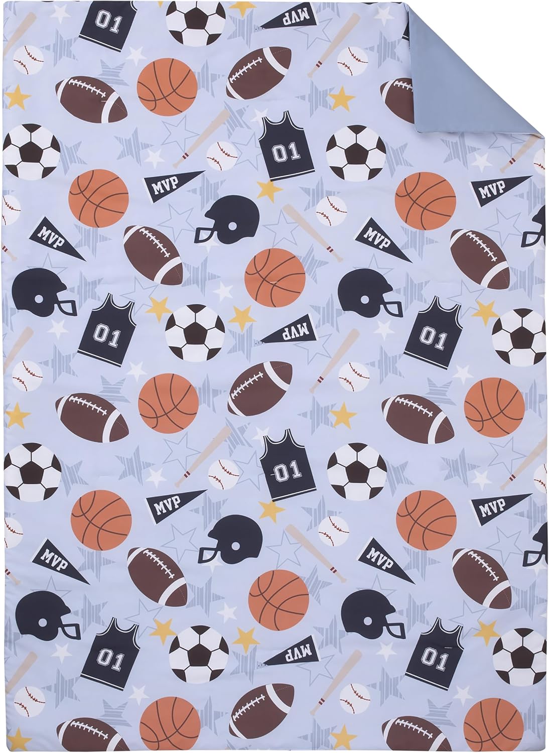 Everything Kids Sports – Juego de cama Allstar de 4 piezas para niños pequeños, gris, azul marino, naranja y marrón, edredón, sábana bajera