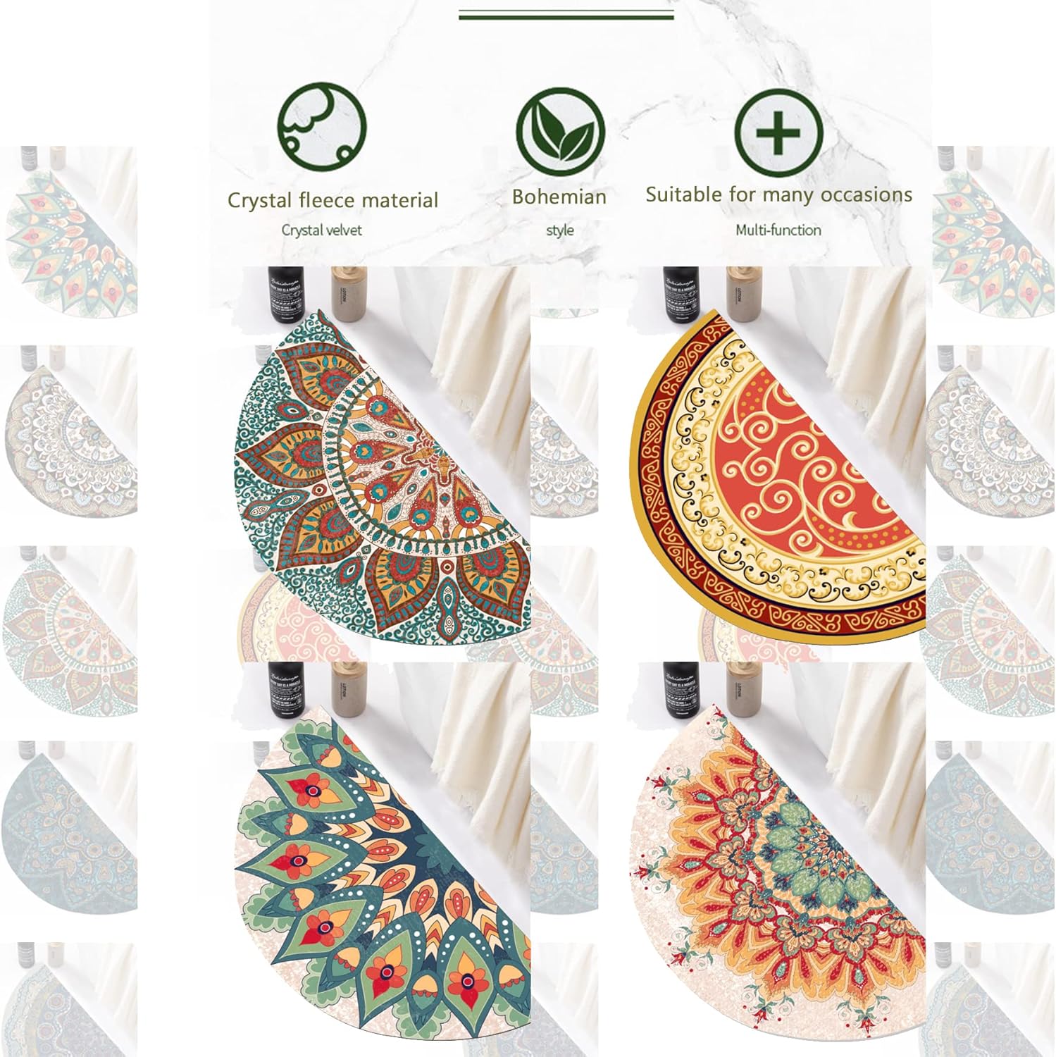Tapete de baño delgado absorbente semicírculo, bohemio, bohemio, lavable a máquina, de secado rápido, multicolor, 24 x 36 pulgadas