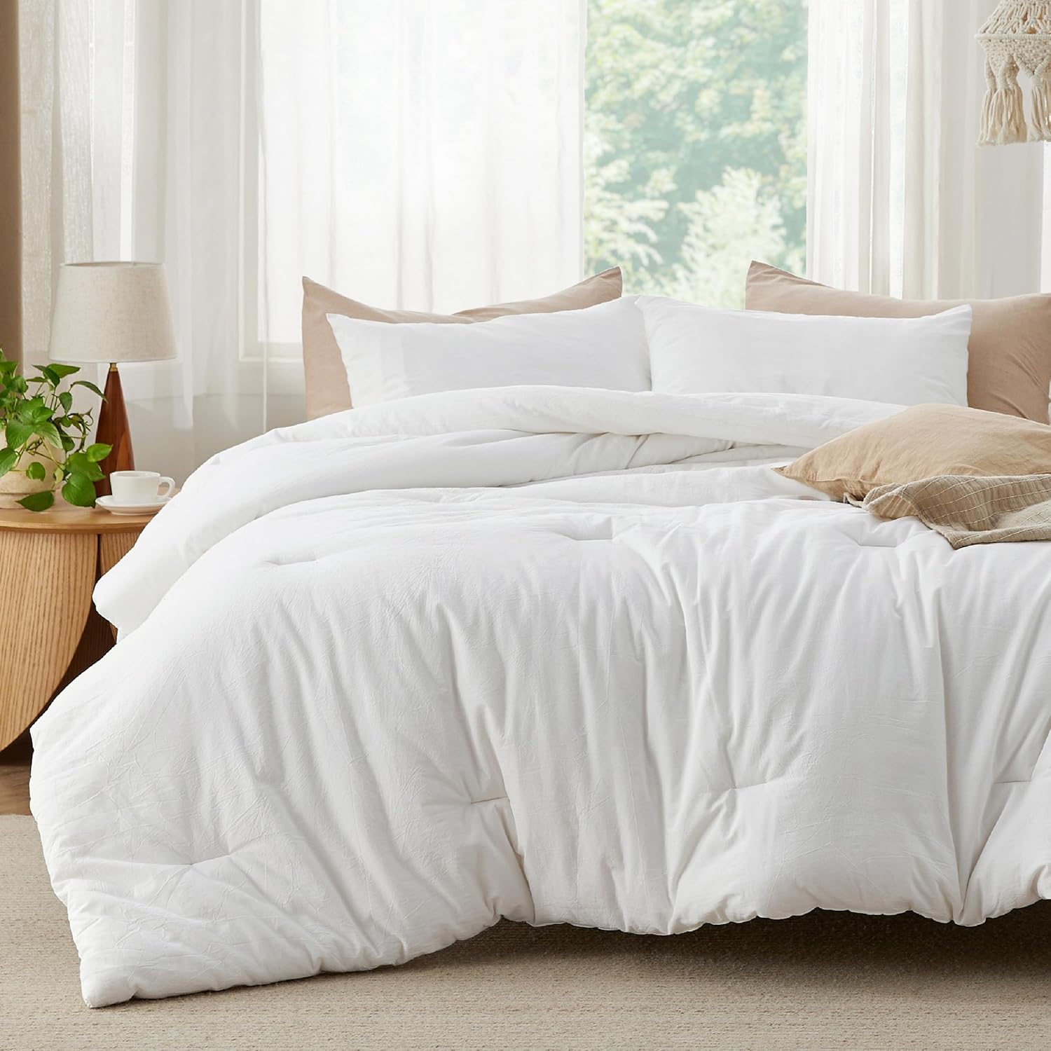 Bedsure Juego de edredón King  Tela de algodón con relleno interior de microfibra, edredón blanco tamaño King para todas las estaciones, 3 piezas, 1