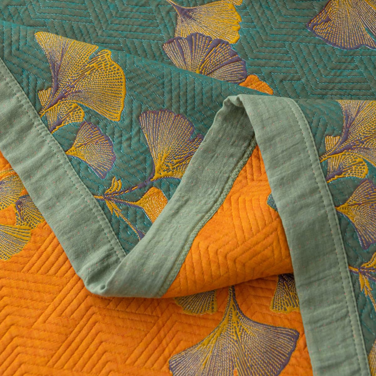 Purefair Edredón jacquard 100% algodón con estampado floral de hojas de ginkgo, funda de cama de muselina suave de 3 capas, colcha reversible