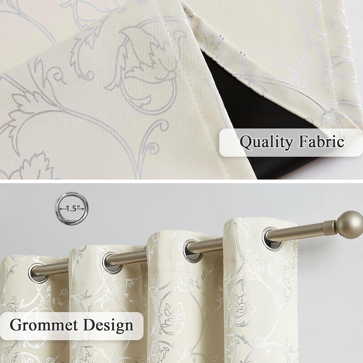 Enactex Cortinas 100% opacas de 84 pulgadas de largo para dormitorio, cortinas con patrón floral plateado para sala de estar, oscurecimiento de la
