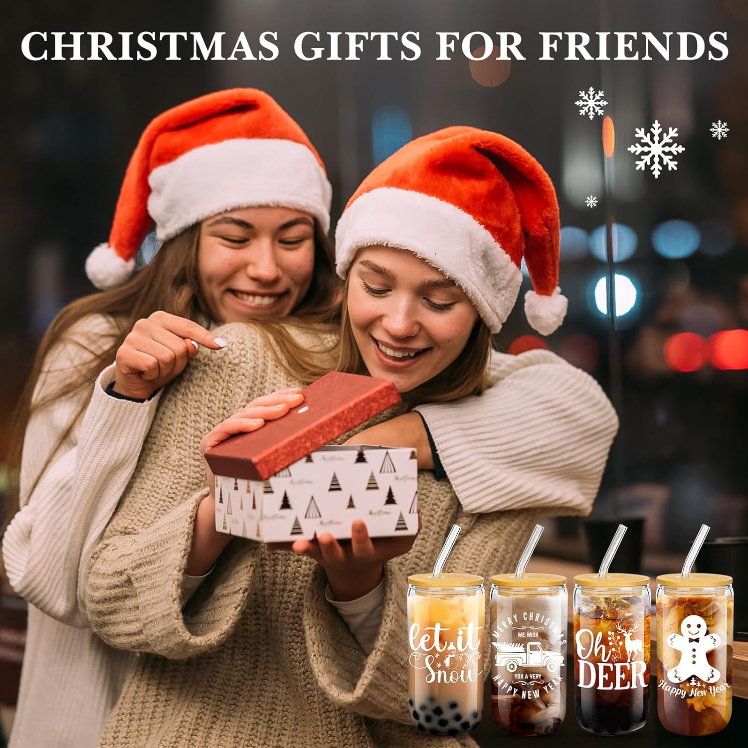 Umigy Paquete de 8 vasos de Navidad de 16 onzas, vasos de Navidad con tapas y pajitas, vaso de café helado en forma de lata de cerveza, vasos de