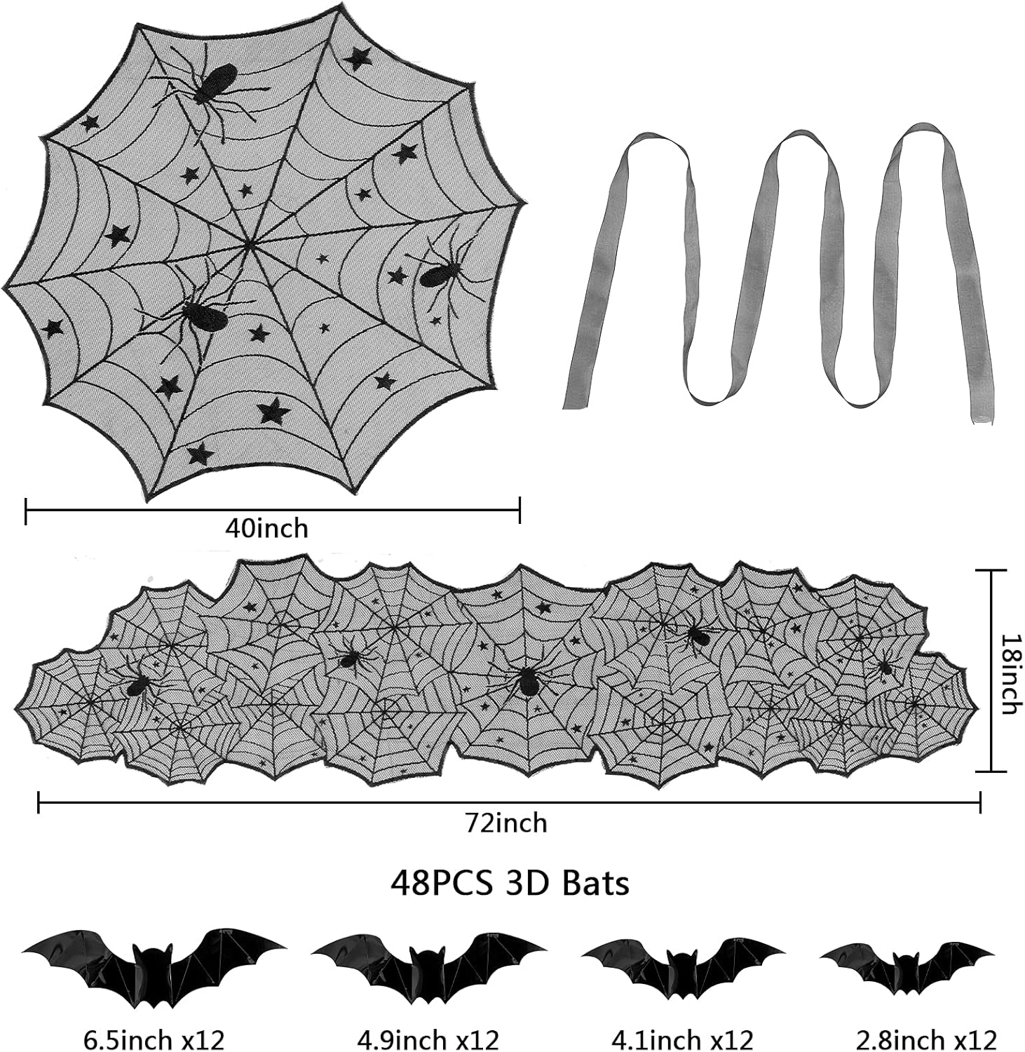 Paquete de 5 manteles de decoración de Halloween, camino de mesa de encaje negro, redondo, telaraña, mantel de chimenea, bufanda de telaraña,