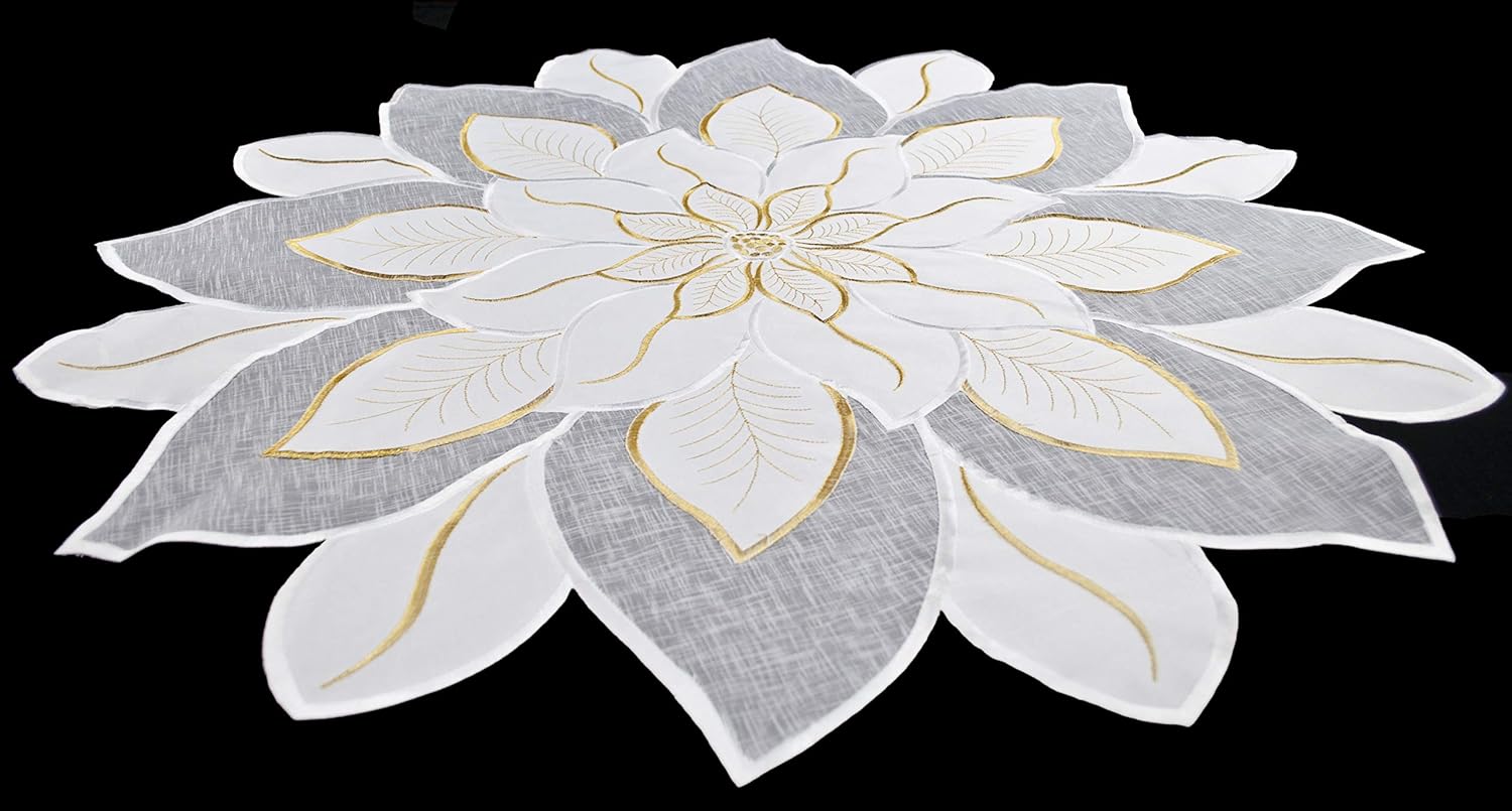 Tapete de mesa bordado de Navidad blanco y dorado con estrella de Pascua (23 pulgadas, redondo)
