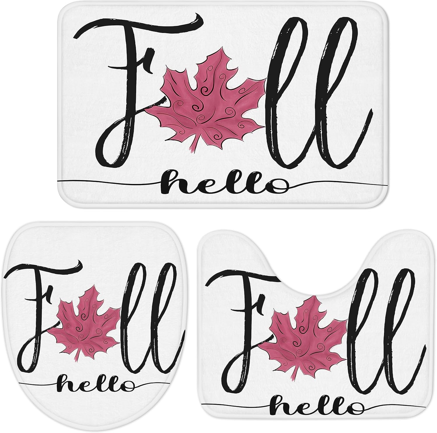 Hello Fall Bath Rugs Sets 3 Piece, Autumn Harvest Fall Maple Leaf Non Slip Bathroom Carpet Pink Bathroom Mats Set with Toilet Lid Cover,Absorbent