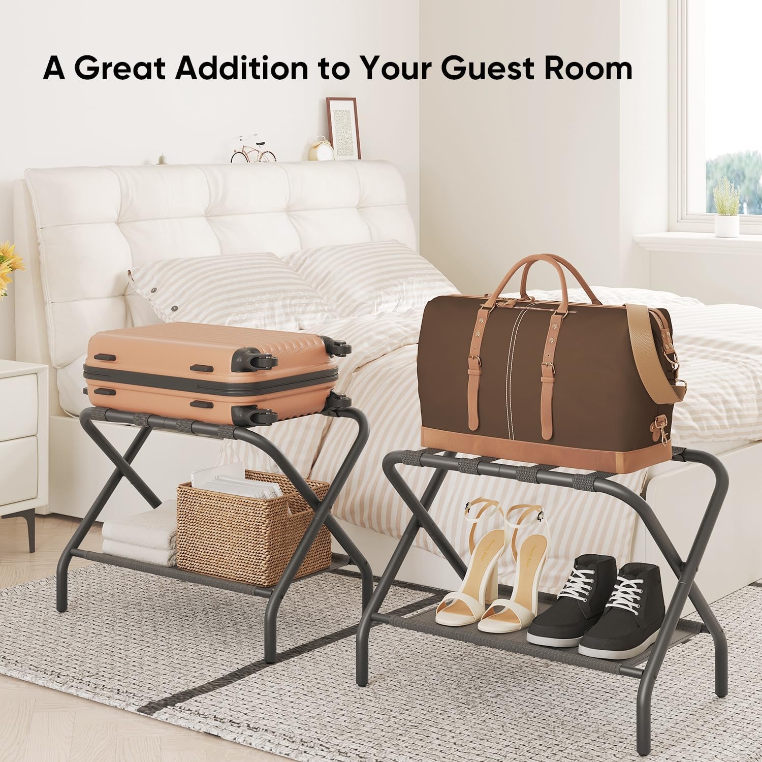 Smart FENDEE Portaequipajes para habitación de invitados, soporte plano plegable para maleta con estante de tela, soporte de equipaje portátil de