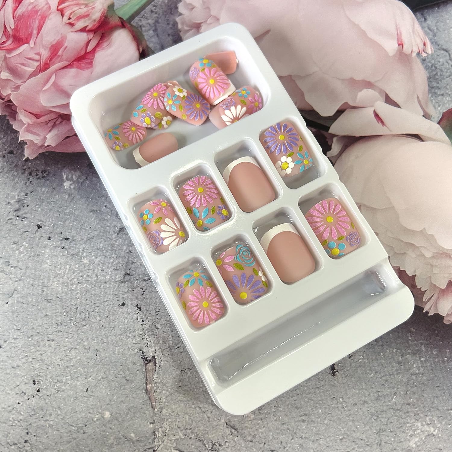 Uñas postizas cuadradas cortas de acrílico artificial con diseño de flores coloridas, cobertura completa, reutilizables, con forma de ataúd, uñas