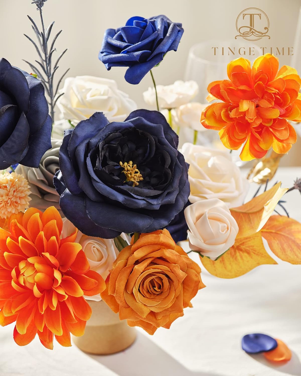 TINGE TIME Flores artificiales, naranja quemado y azul marino, combo de flores para bricolaje, ramos de boda, centros de mesa, arreglos de mesa,