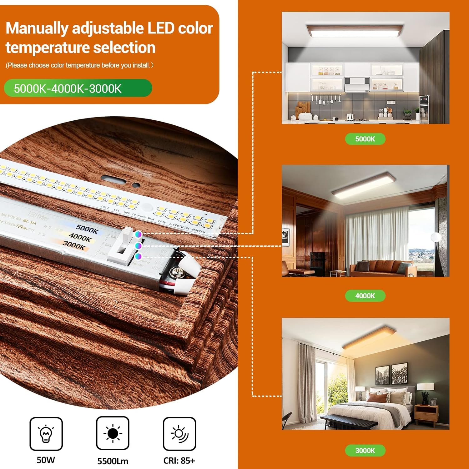 FAITHSAIL Lámpara LED de 4 pies, 48 LED de techo envolvente con 3000 K4000 K5000 K CCT seleccionable, luz LED de cocina de 4 pies con marco de
