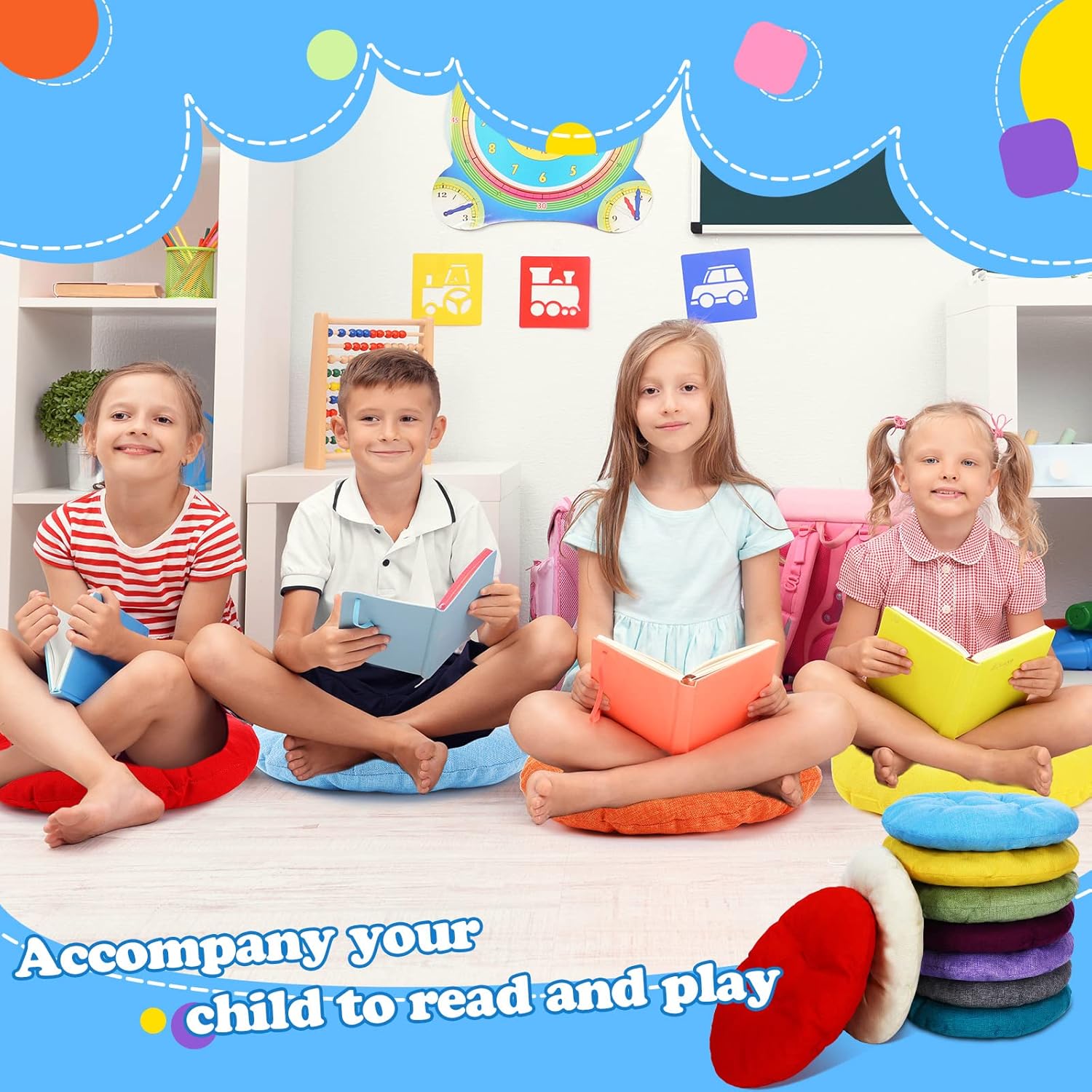 Cojines redondos de piso de 15 pulgadas para niños y niños pequeños, asiento flexible para muebles de aula, almohada de piso de 3.5 pulgadas de