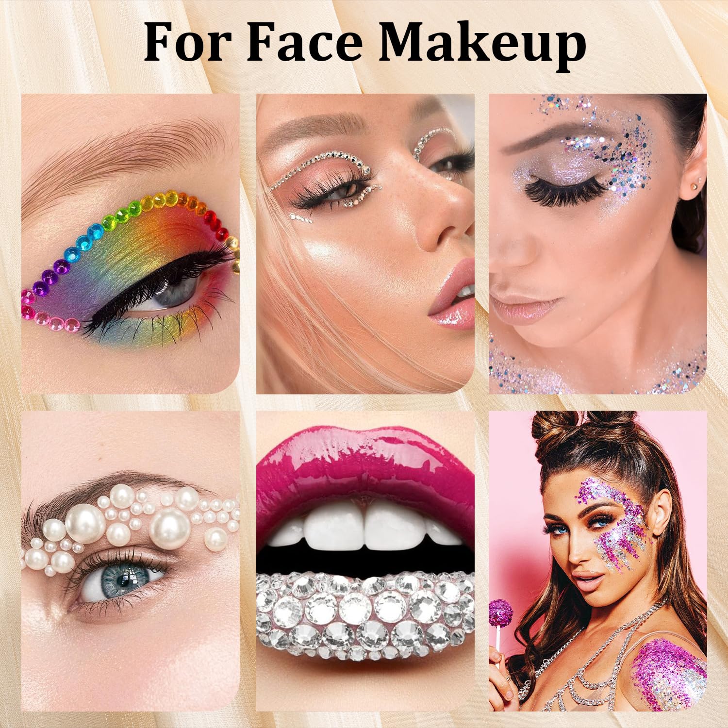 5320 gemas faciales para maquillaje con pegamento, cuentas coloridas y gemas redondas de cristal AB y transparentes, perlas planas blancas y beige y