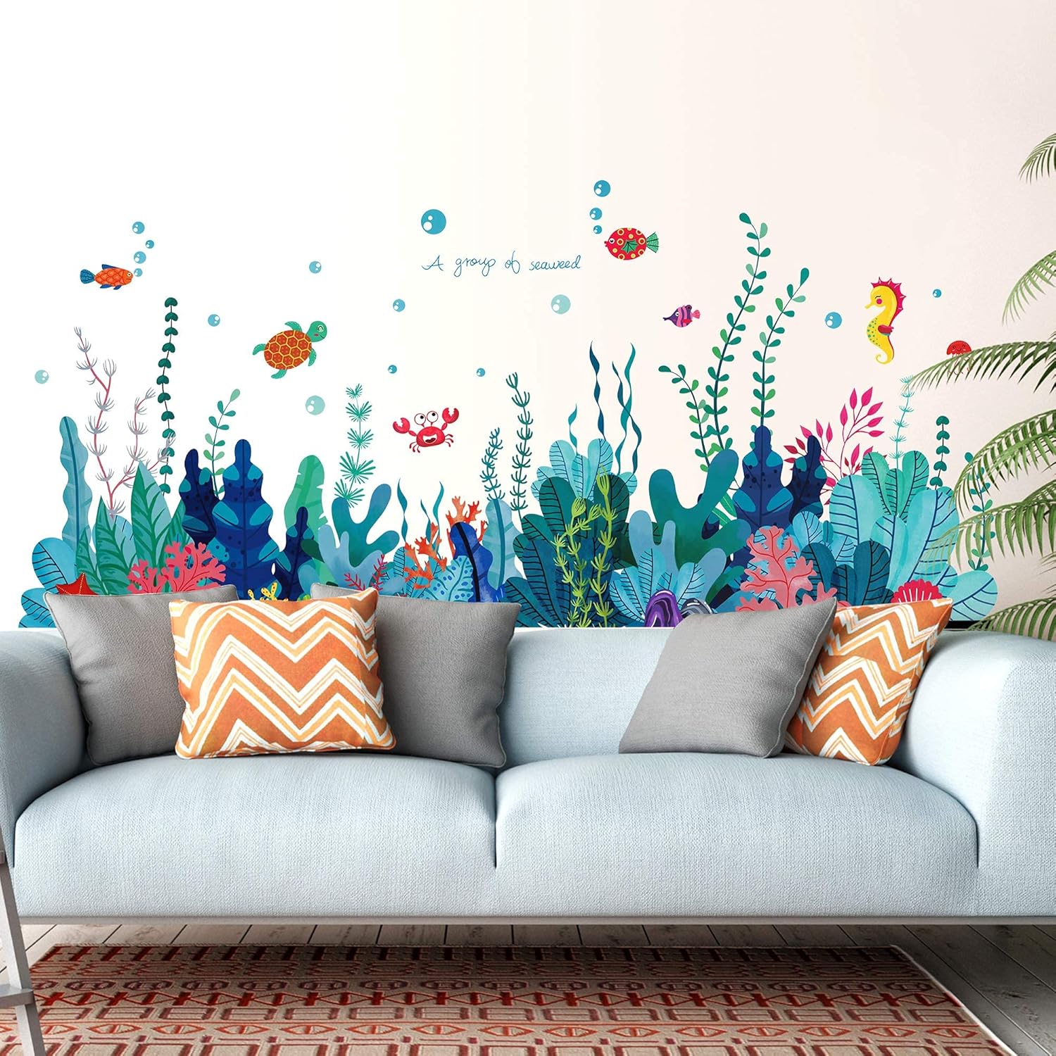 RW – 6794 – Adhesivo de pared extraíble 3D bajo el mar con vista al mar, calcomanías de pared de algas marinas coral océano, murales para despegar y