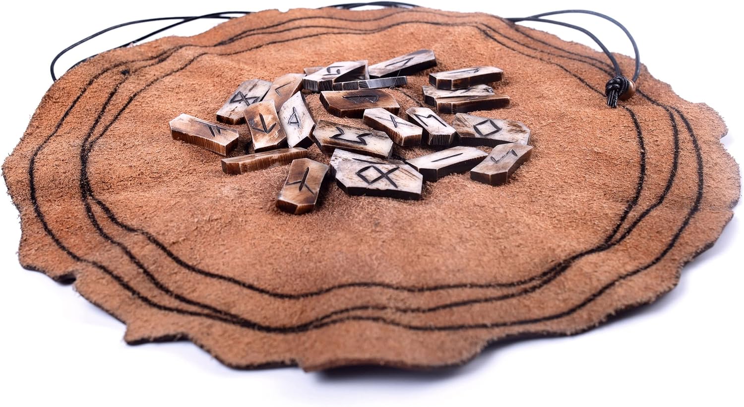 Juego de adivinación de runas vikingas con piezas de piedra runa de Futhark de hueso genuino y alfombrilla de adivinación de cuero prémium