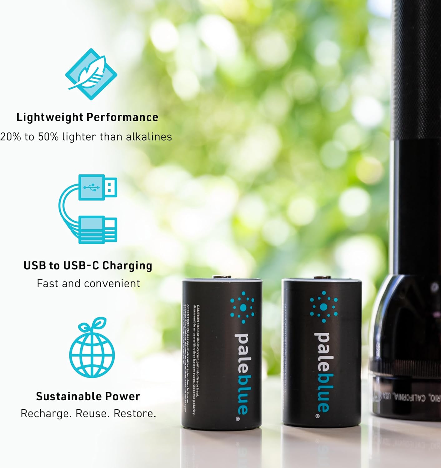 Pale Blue – Baterías recargables D con cargador USB, iones de litio de 1.5 V 5000 mAh, se cargan menos de 7 horas, más de 1000 ciclos, cable de