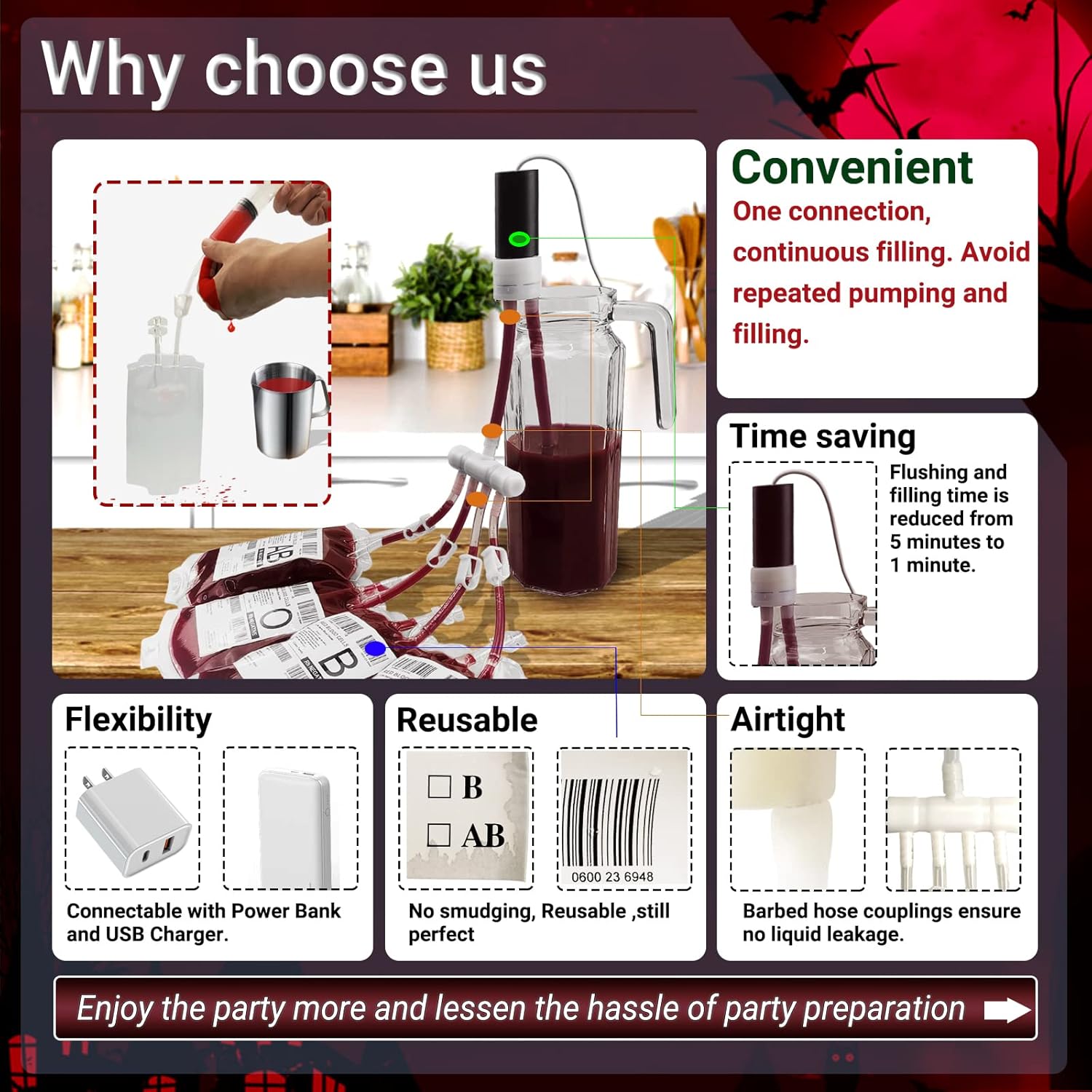 JILIER Bolsas de sangre de Halloween para llenar bebidas con bomba, 50 bolsas intravenosas para decoraciones de fiesta de Halloween, bolsa de bebida