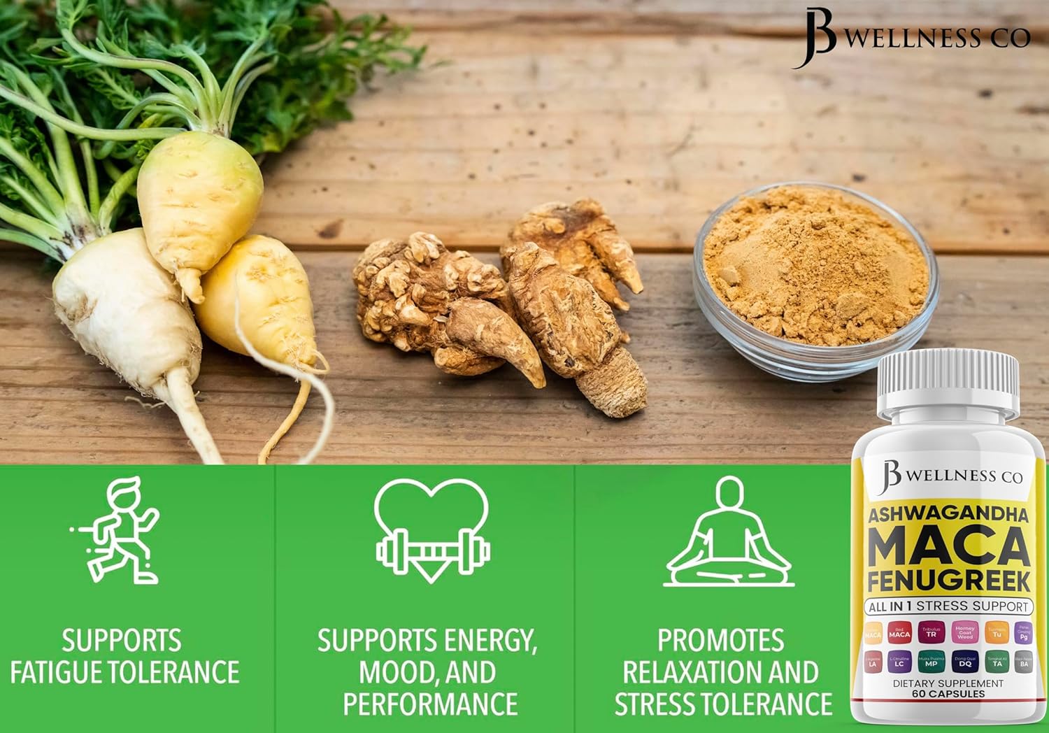 JB WELLNESS CO Ashwagandha 5000mg raíz de maca 5000mg Fenogreco 3000mg Suplemento con Tongkat Ali Ginseng – Ayuda con el estado de ánimo y la salud