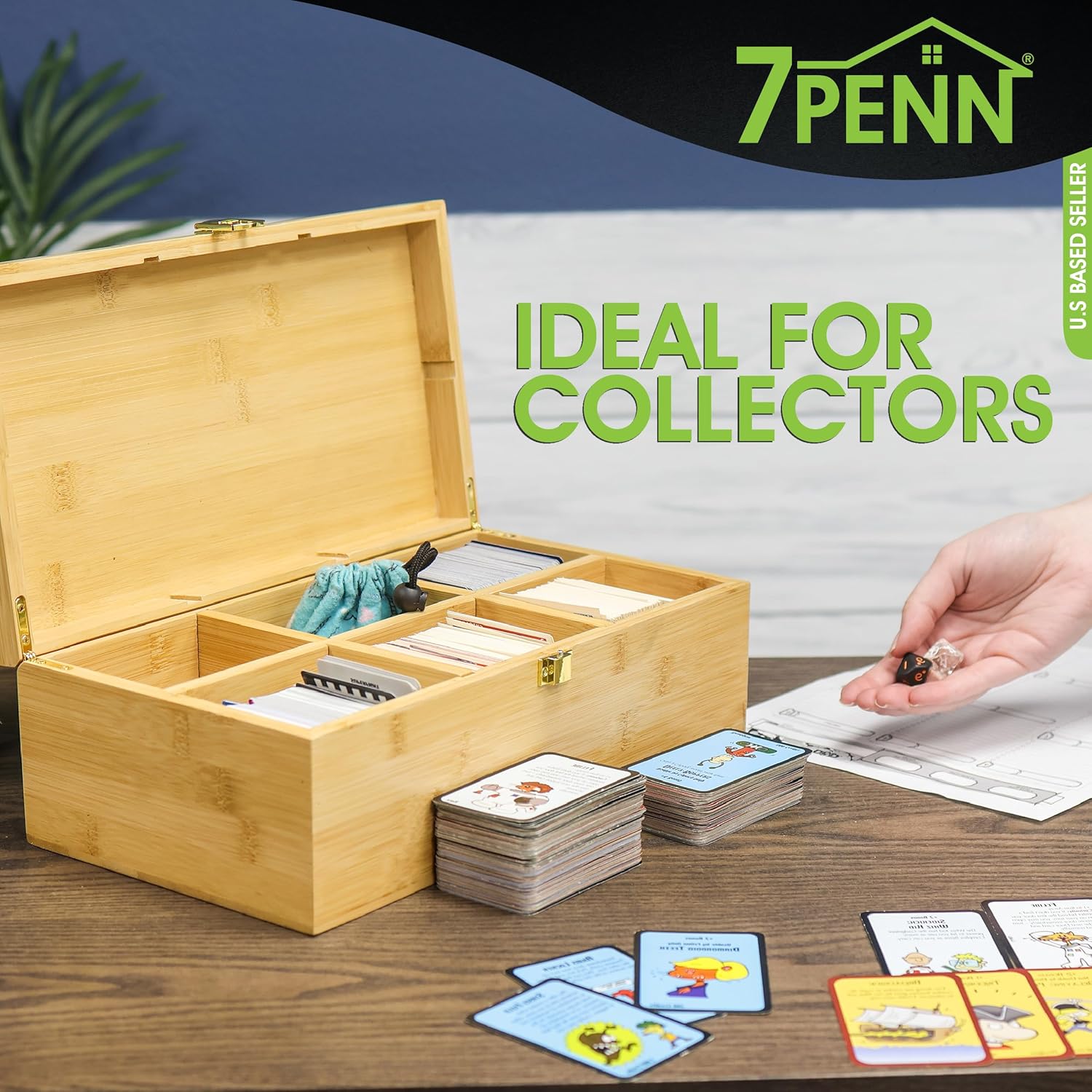 7Penn Caja de almacenamiento de tarjetas coleccionables  Caja organizadora de tarjetas de bambú de 6 compartimentos con divisores  1200 tarjetas de