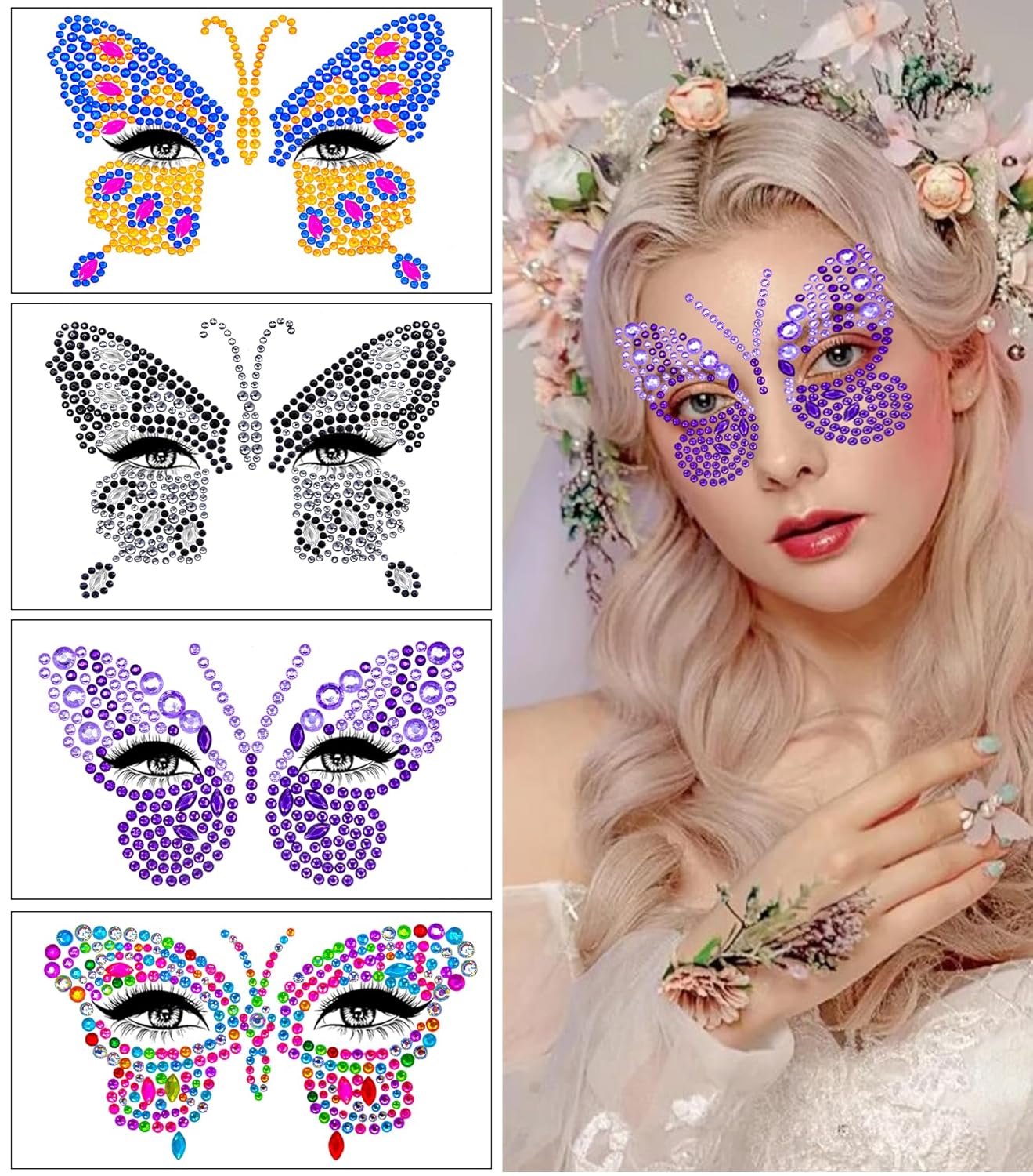 4 hojas de calcomanías para la cara, gemas de mariposa para festivales, fiestas, gemas de diamantes de imitación autoadhesivos, cristales para pegar